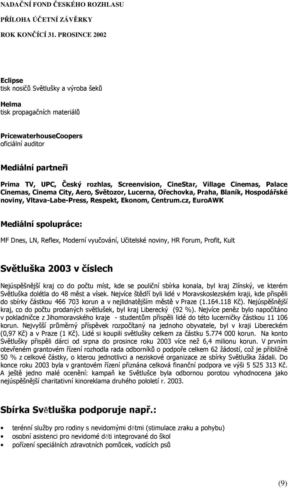 cz, EuroAWK Mediální spolupráce: MF Dnes, LN, Reflex, Moderní vyučování, Učitelské noviny, HR Forum, Profit, Kult Světluška 2003 v číslech Nejúspěšnější kraj co do počtu míst, kde se pouliční sbírka