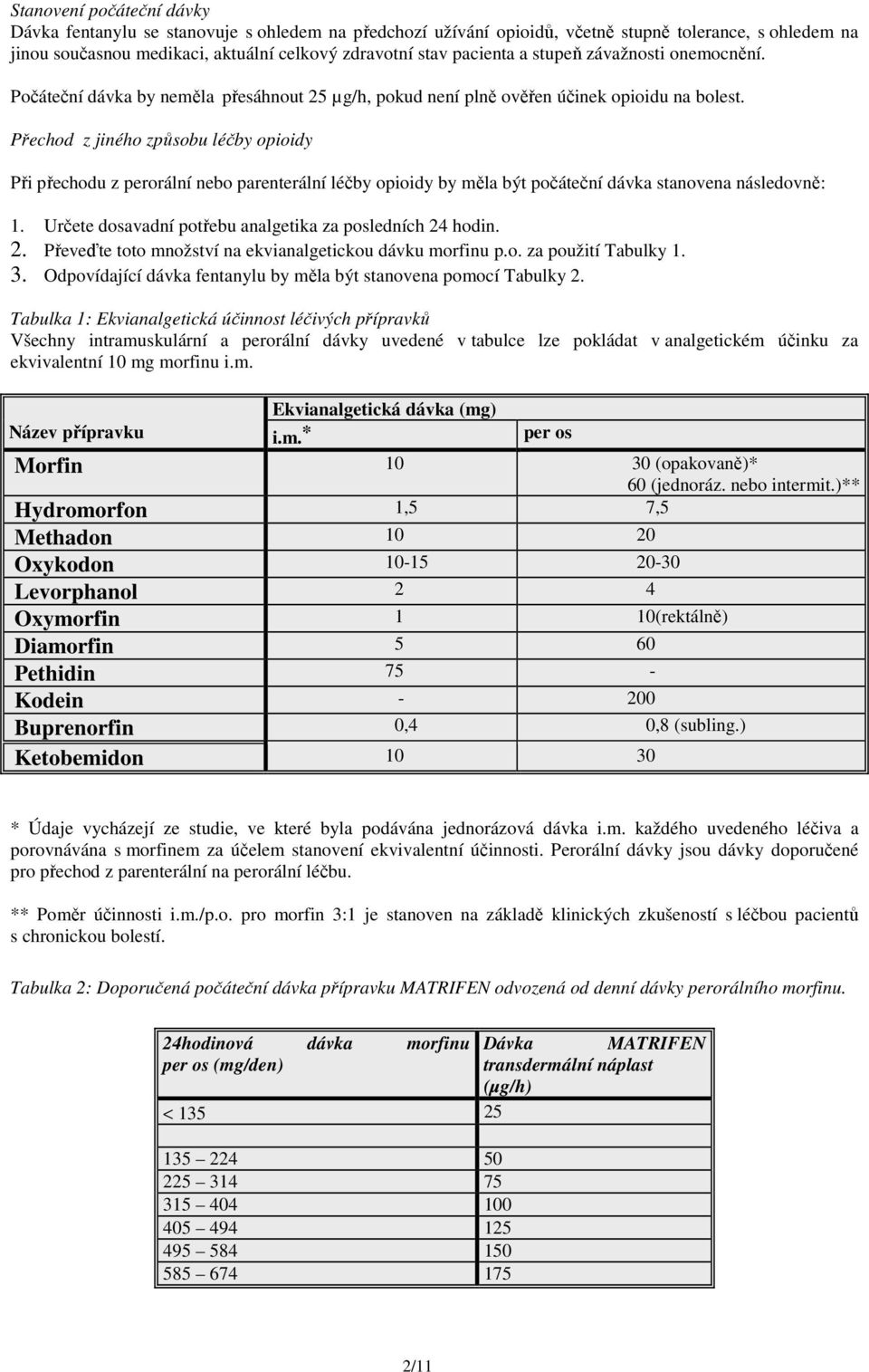 Přechod z jiného způsobu léčby opioidy Při přechodu z perorální nebo parenterální léčby opioidy by měla být počáteční dávka stanovena následovně: 1.