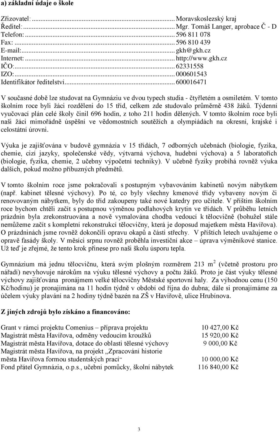 V tomto školním roce byli žáci rozděleni do 15 tříd, celkem zde studovalo průměrně 438 žáků. Týdenní vyučovací plán celé školy činil 696 hodin, z toho 211 hodin dělených.