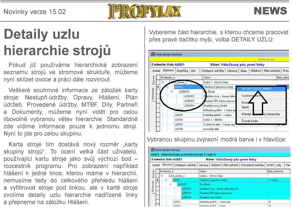 údržby, Opravy, Hlášení, Plán údržeb, Provedené údržby, MTBF, Díly, Partneři a Dokumenty, můžeme nyní vidět pro celou libovolně vybranou větev hierarchie.