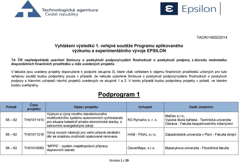 disponibilních finančních prostředků u níže uvedených projektů.