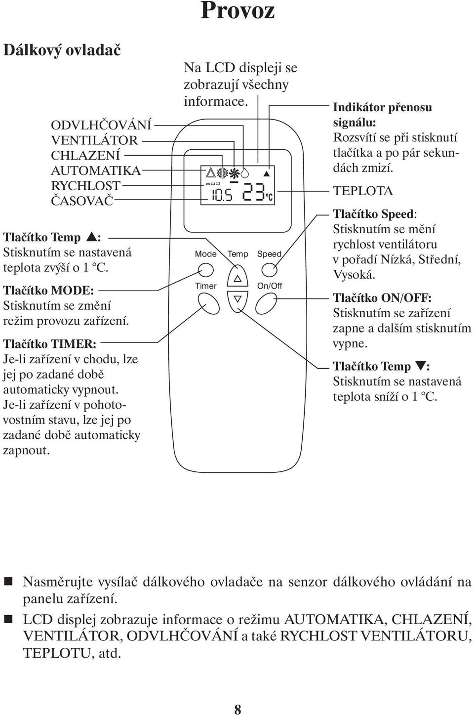 Provoz Na LCD displeji se zobrazují všechny informace. Mode Timer Temp Speed On/Off Indikátor přenosu signálu: Rozsvítí se při stisknutí tlačítka a po pár sekundách zmizí.