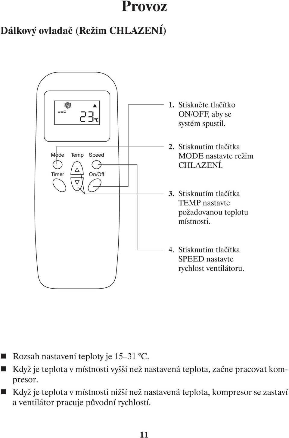 Stisknutím tlačítka SPEED nastavte rychlost ventilátoru. Rozsah nastavení teploty je 15 31 C.