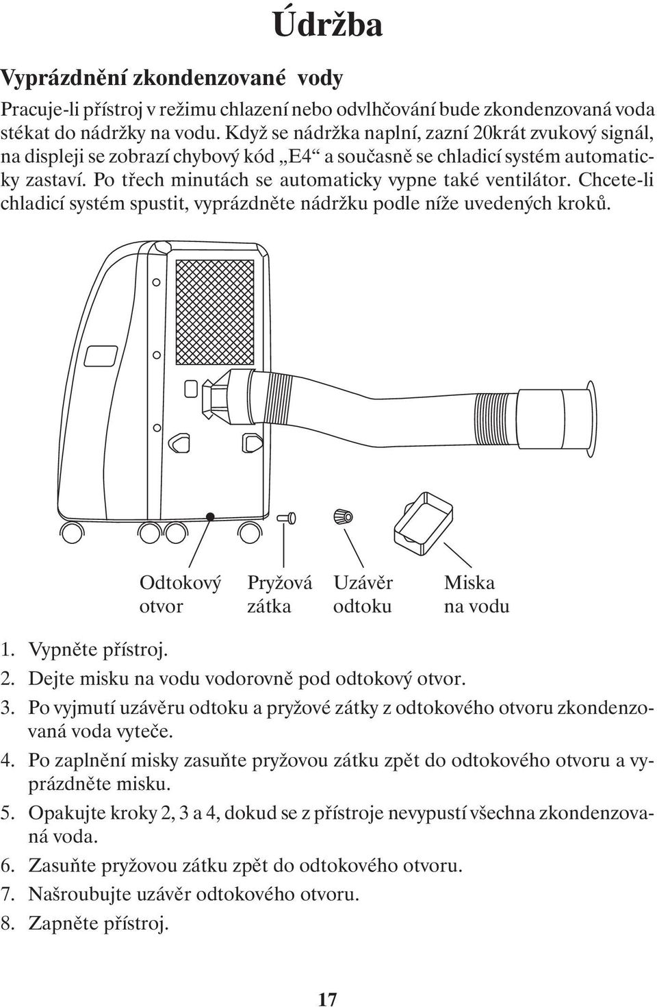 Chcete-li chladicí systém spustit, vyprázdněte nádržku podle níže uvedených kroků. Odtokový otvor Pryžová zátka Uzávěr odtoku Miska na vodu 1. Vypněte přístroj. 2.