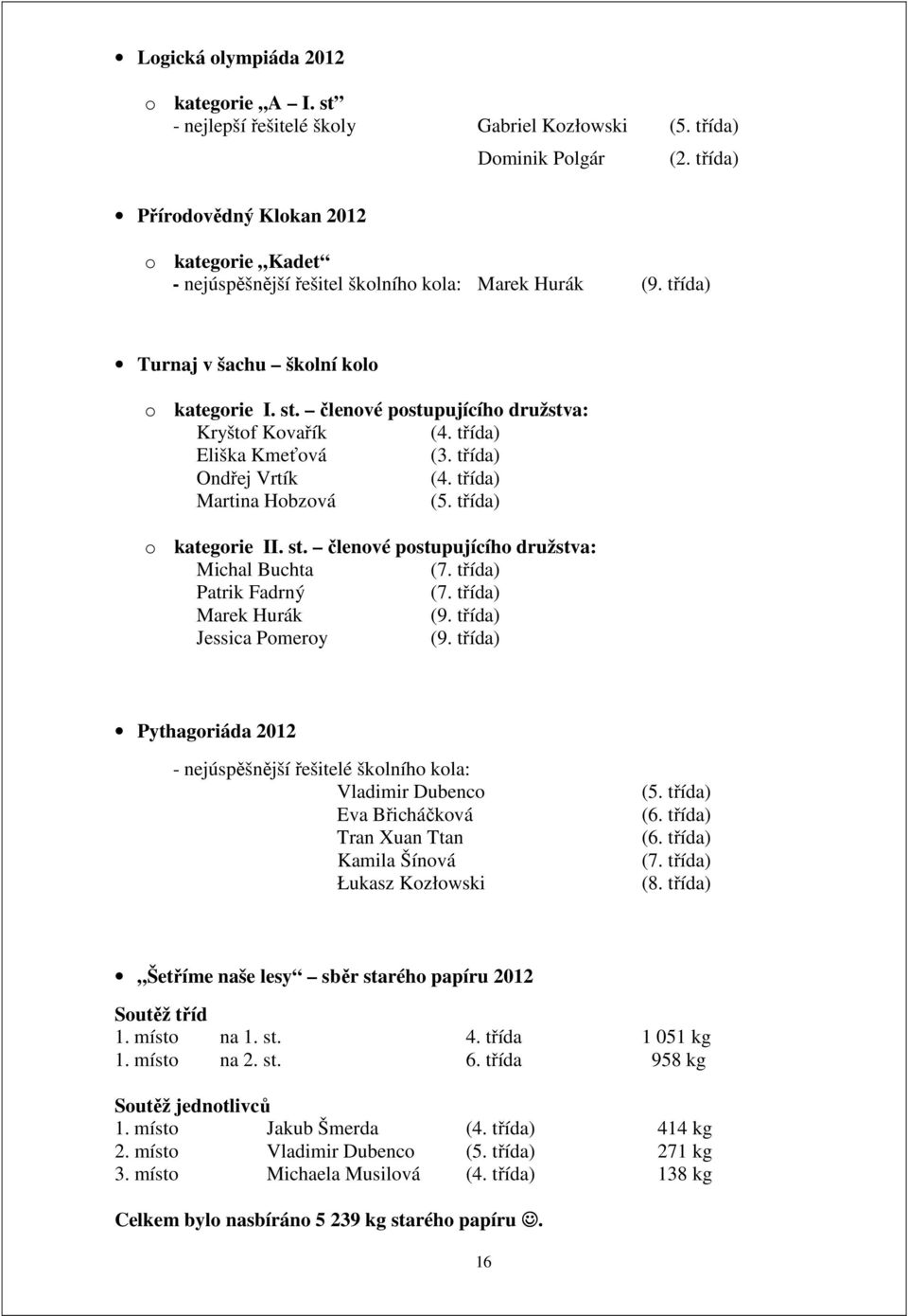 členové postupujícího družstva: Kryštof Kovařík (4. třída) Eliška Kmeťová (3. třída) Ondřej Vrtík (4. třída) Martina Hobzová (5. třída) o kategorie II. st.