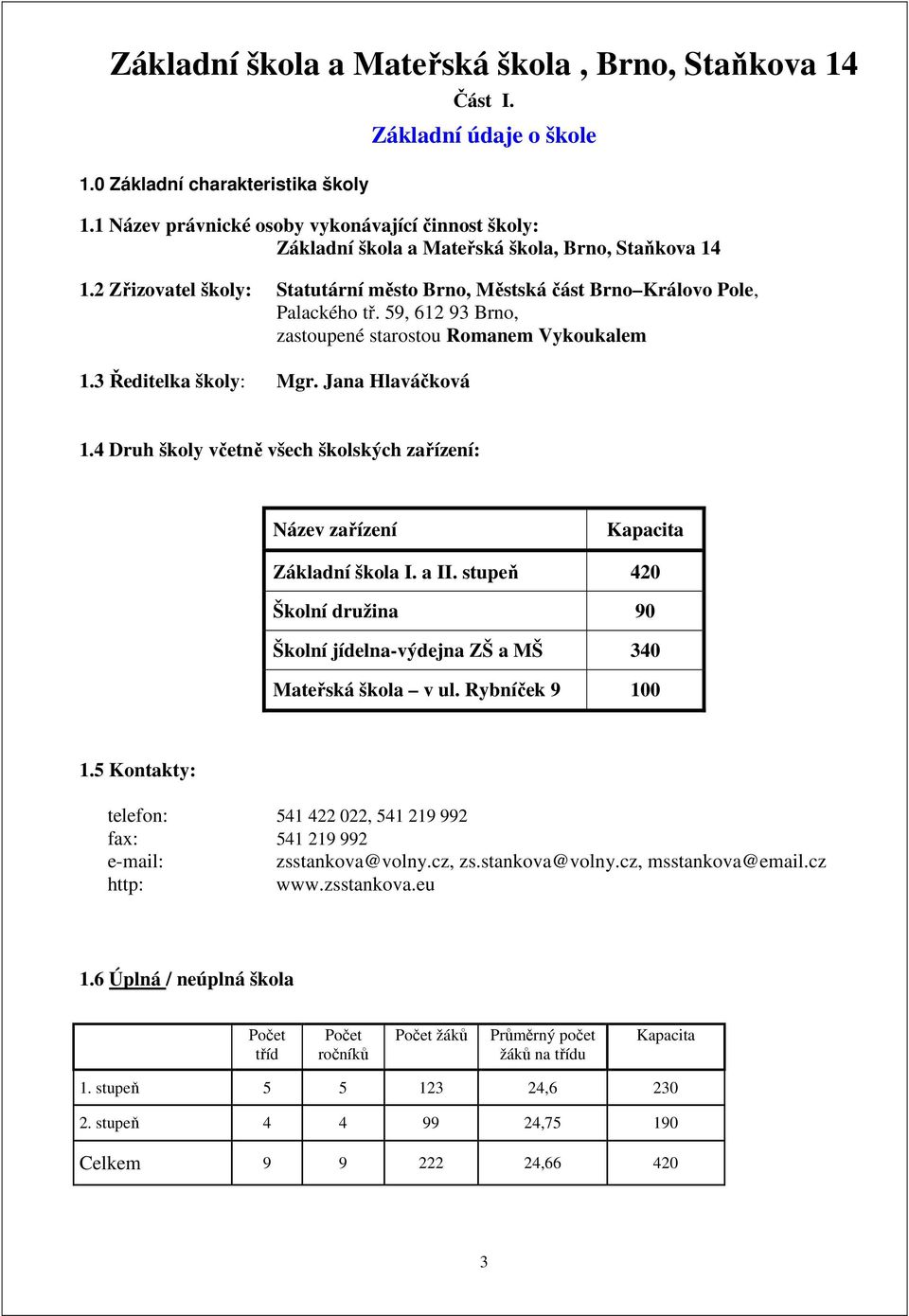 59, 612 93 Brno, zastoupené starostou Romanem Vykoukalem 1.3 Ředitelka školy: Mgr. Jana Hlaváčková 1.4 Druh školy včetně všech školských zařízení: Název zařízení Kapacita Základní škola I. a II.