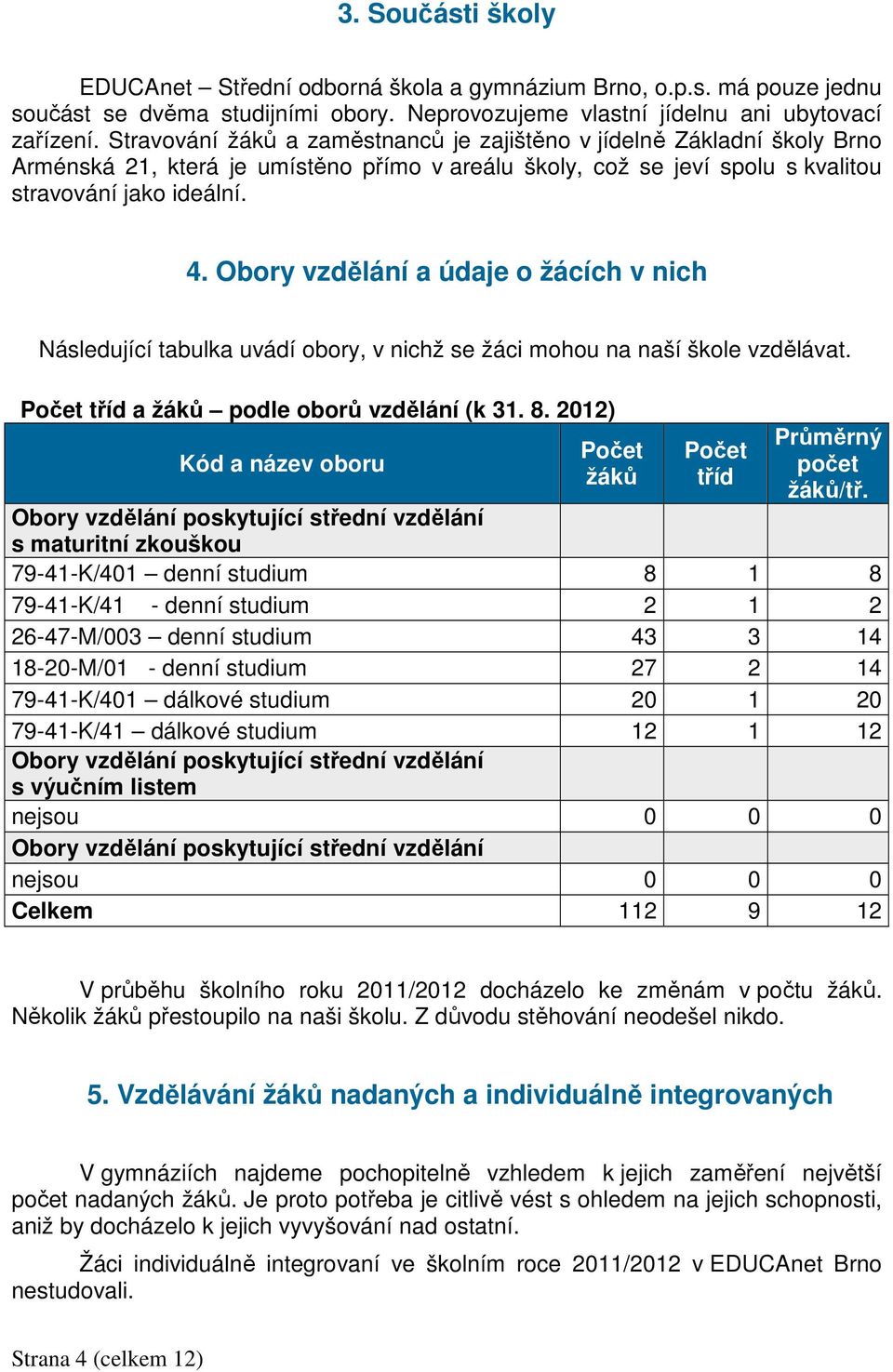 Obory vzdělání a údaje o žácích v nich Následující tabulka uvádí obory, v nichž se žáci mohou na naší škole vzdělávat. Počet tříd a žáků podle oborů vzdělání (k 31. 8.