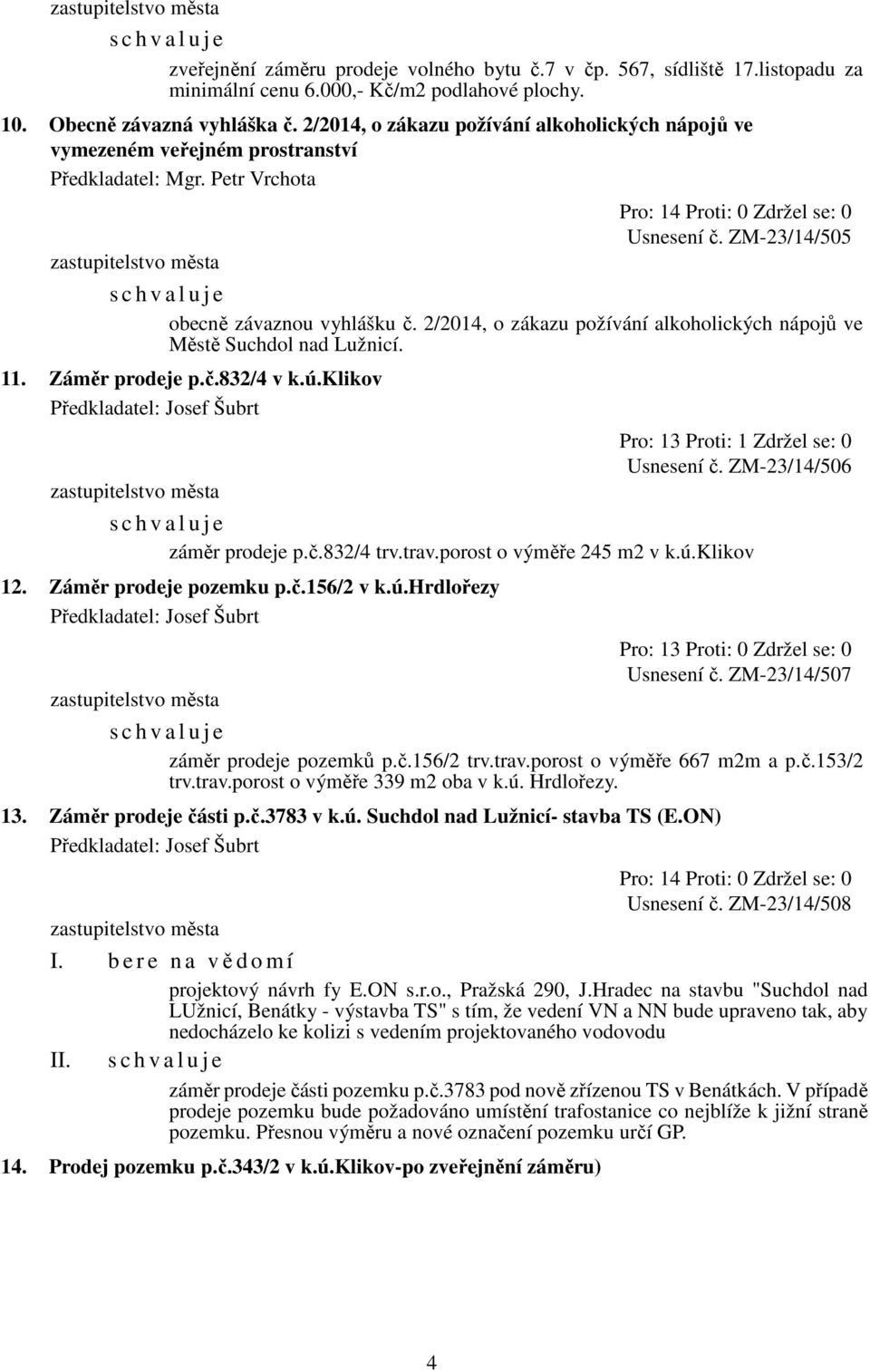 2/2014, o zákazu požívání alkoholických nápojů ve Městě Suchdol nad Lužnicí. 11. Záměr prodeje p.č.832/4 v k.ú.klikov Pro: 13 Proti: 1 Zdržel se: 0 Usnesení č. ZM-23/14/506 záměr prodeje p.č.832/4 trv.