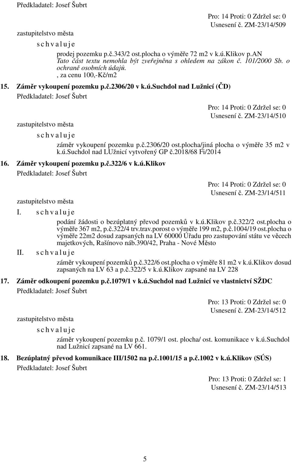 2018/68 Fi/2014 16. Záměr vykoupení pozemku p.č.322/6 v k.ú.klikov Usnesení č. ZM-23/14/511 I. podání žádosti o bezúplatný převod pozemků v k.ú.klikov p.č.322/2 ost.plocha o výměře 367 m2, p.č.322/4 trv.
