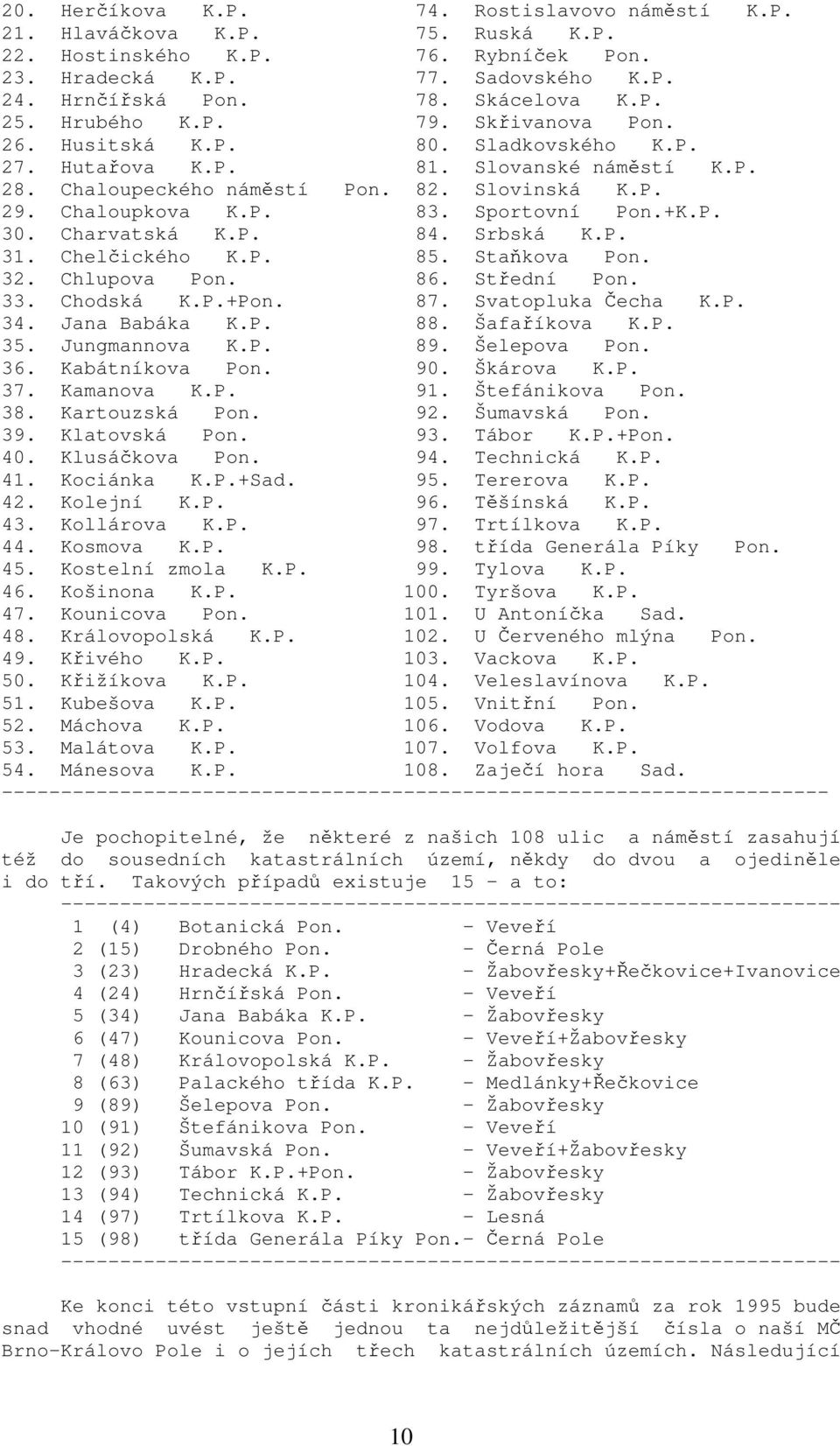 Sportovní Pon.+K.P. 30. Charvatská K.P. 84. Srbská K.P. 31. Chelčického K.P. 85. Staňkova Pon. 32. Chlupova Pon. 86. Střední Pon. 33. Chodská K.P.+Pon. 87. Svatopluka Čecha K.P. 34. Jana Babáka K.P. 88.