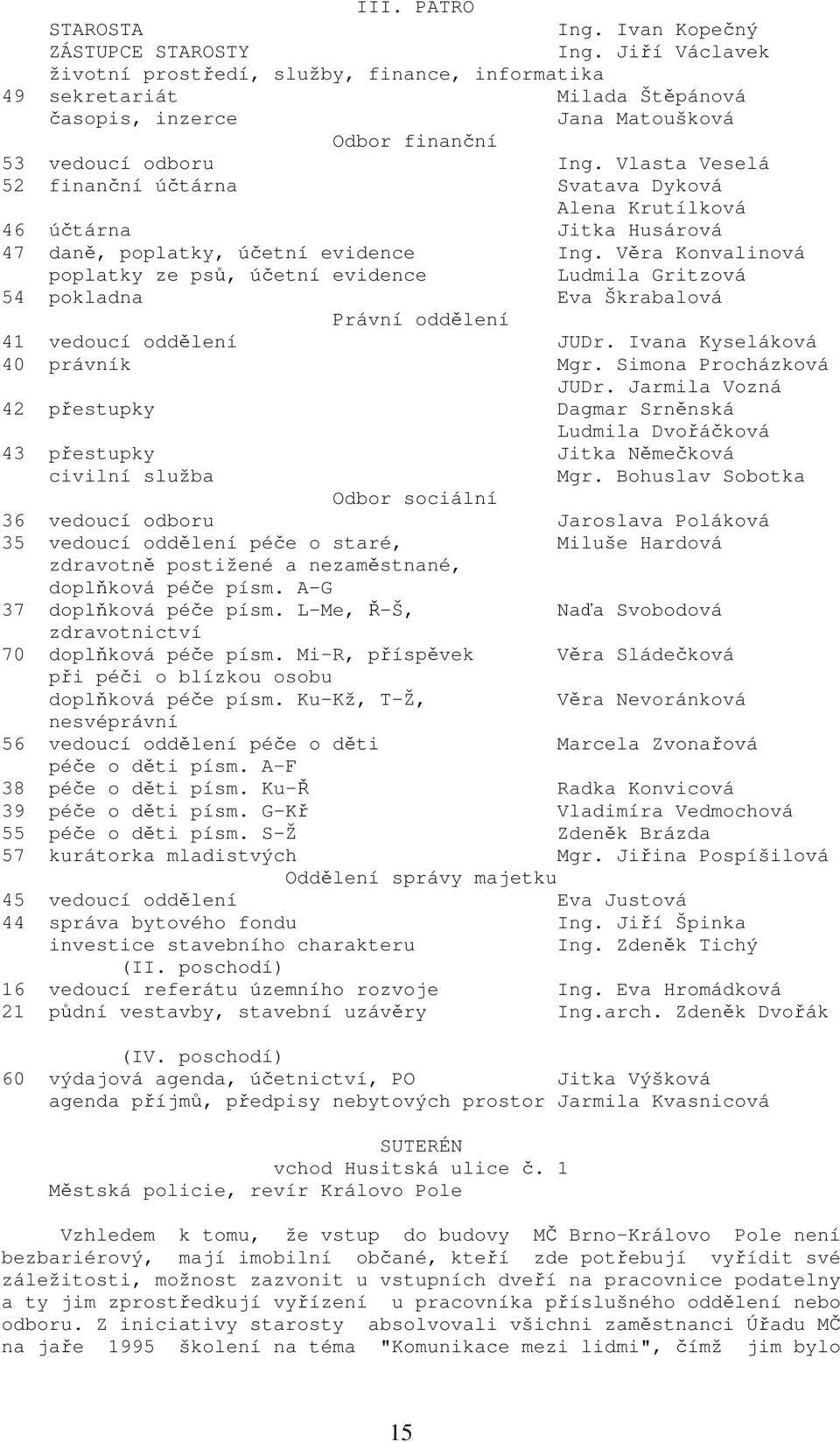 Vlasta Veselá 52 finanční účtárna Svatava Dyková Alena Krutílková 46 účtárna Jitka Husárová 47 daně, poplatky, účetní evidence Ing.