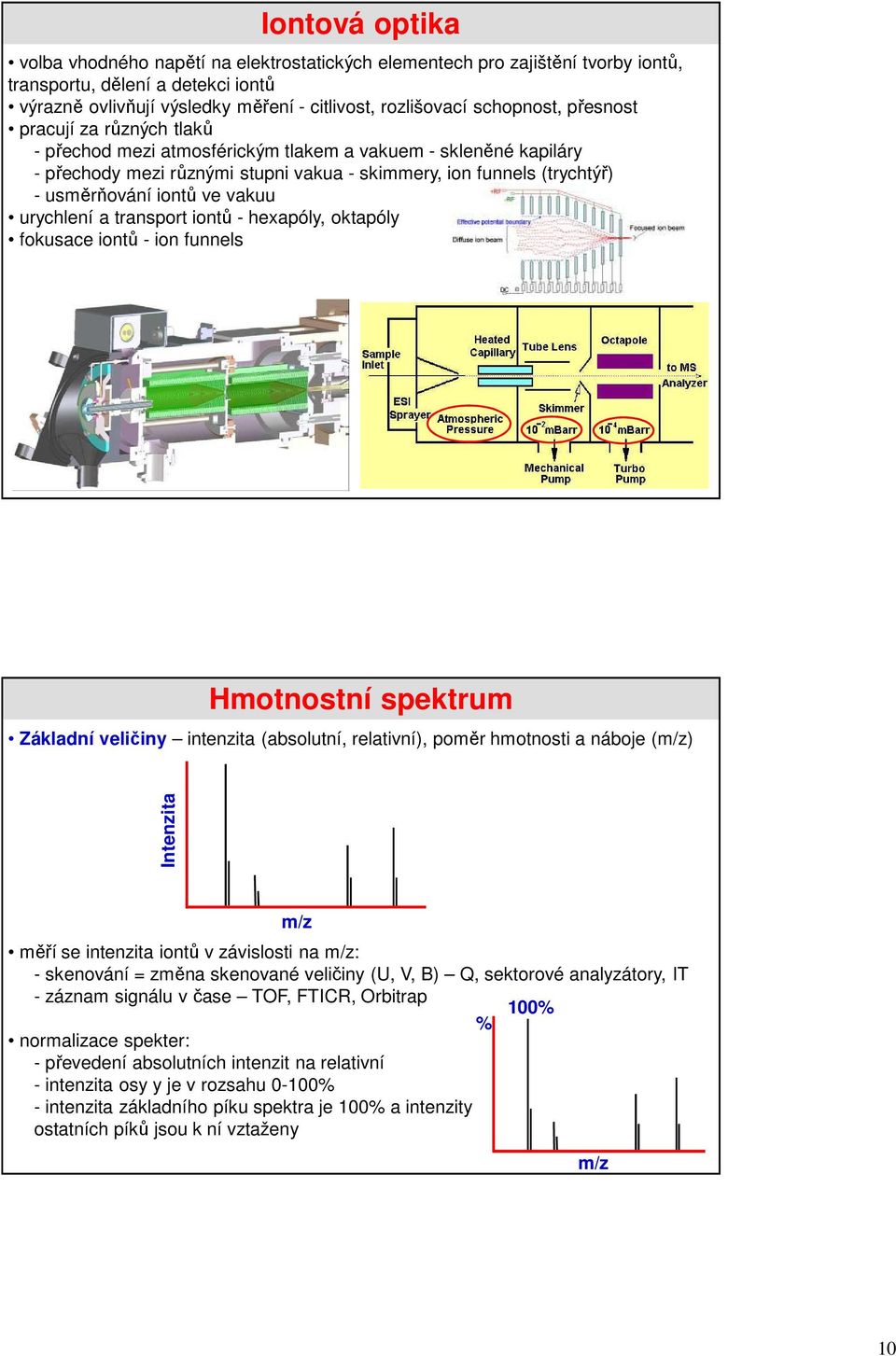 iontů ve vakuu urychlení a transport iontů - hexapóly, oktapóly fokusace iontů - ion funnels Hmotnostní spektrum Základní veličiny intenzita (absolutní, relativní), poměr hmotnosti a náboje (m/z)