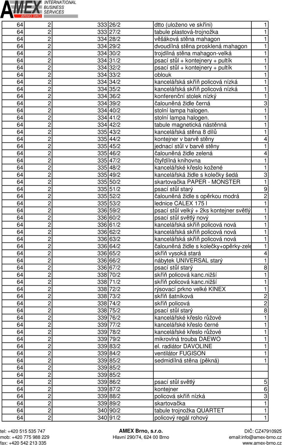 334 35/2 kancelářská skříň policová nízká 1 64 2 334 36/2 konferenční stolek nízký 1 64 2 334 39/2 čalouněná židle černá 3 64 2 334 40/2 stolní lampa halogen. 1 64 2 334 41/2 stolní lampa halogen.