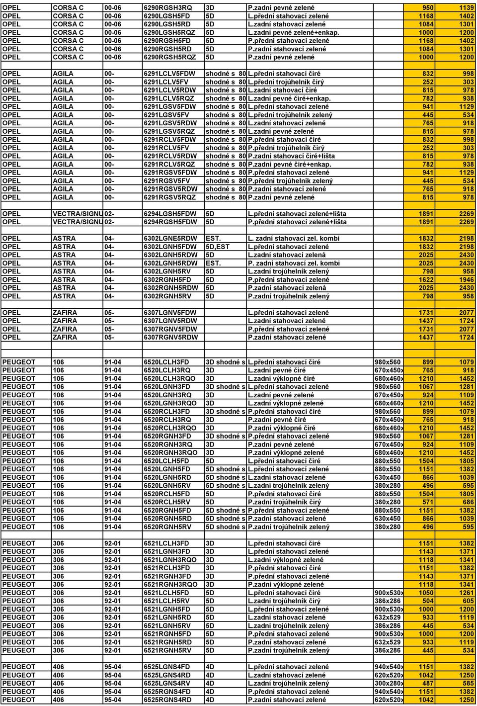 přední stahovací zelené 1168 1402 OPEL CORSA C 00-06 6290RGSH5RD 5D P.zadní stahovací zelené 1084 1301 OPEL CORSA C 00-06 6290RGSH5RQZ 5D P.