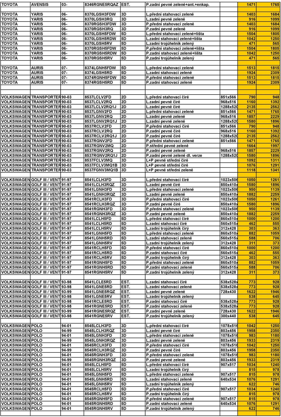 přední stahovací zelené+lišta 1504 1805 TOYOTA YARIS 06-8370LGSH5RDW 5D L.zadní stahovací zelené+lišta 1042 1250 TOYOTA YARIS 06-8370LGSH5RV 5D L.