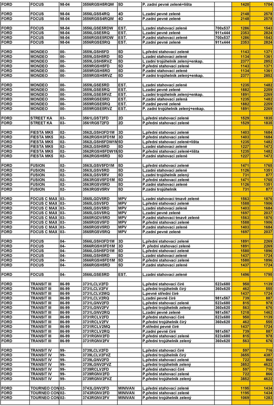 P.zadní stahovací zelené 700x537 1286 1543 FORD FOCUS 98-04 3556RGSE5RQ EST. P.zadní pevné zelené 911x444 2353 2824 FORD MONDEO 00-3559LGSH5FD 5D L.