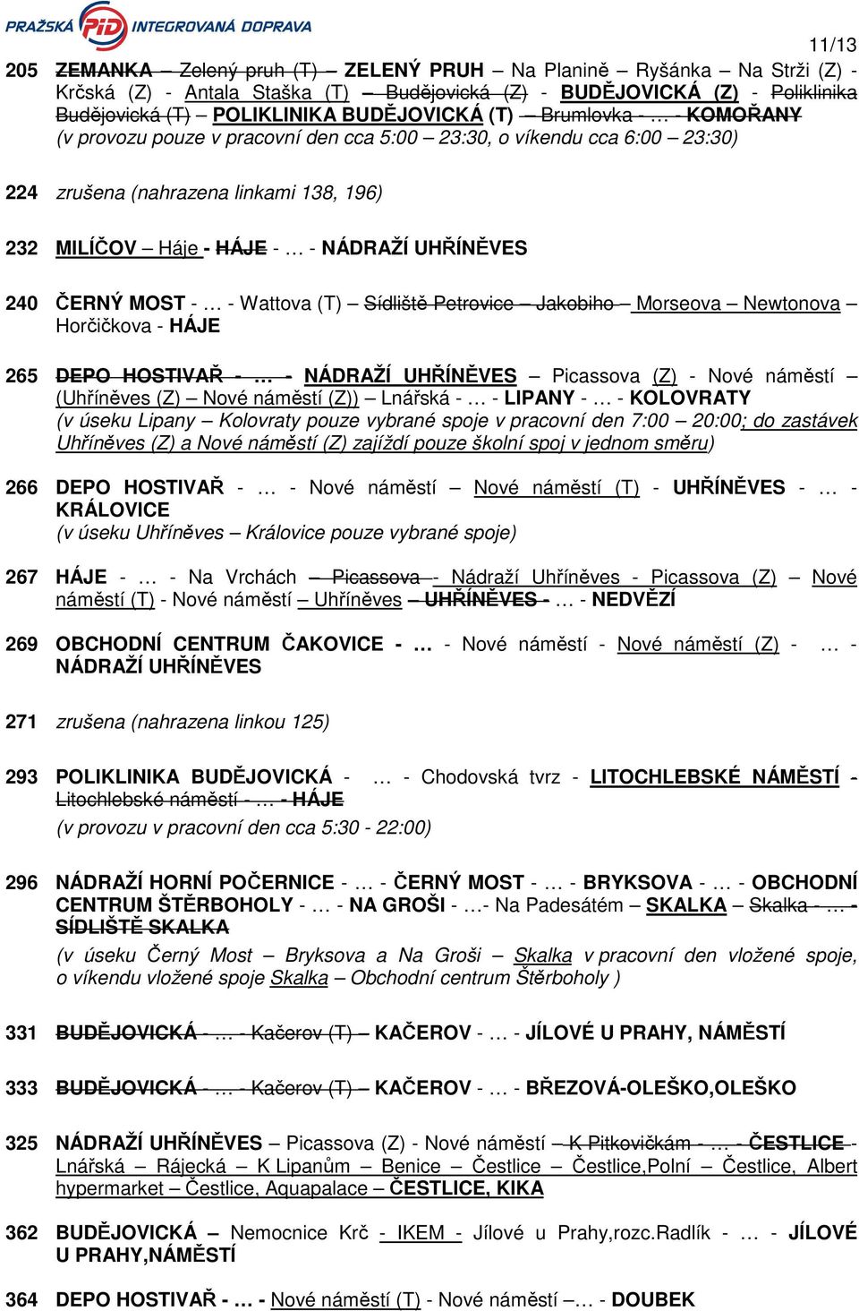 MOST - - Wattova (T) Sídliště Petrovice Jakobiho Morseova Newtonova Horčičkova - HÁJE 265 DEPO HOSTIVAŘ - - NÁDRAŽÍ UHŘÍNĚVES Picassova (Z) - Nové náměstí (Uhříněves (Z) Nové náměstí (Z)) Lnářská - -