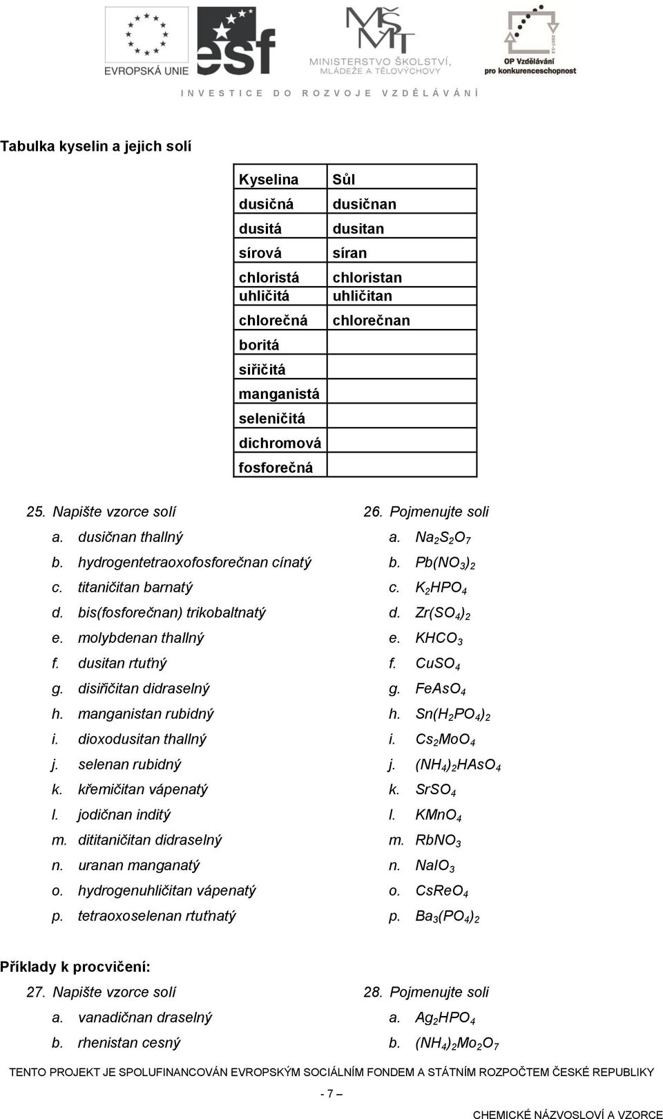 disiřičitan didraselný h. manganistan rubidný i. dioxodusitan thallný j. selenan rubidný k. křemičitan vápenatý l. jodičnan inditý m. dititaničitan didraselný n. uranan manganatý o.