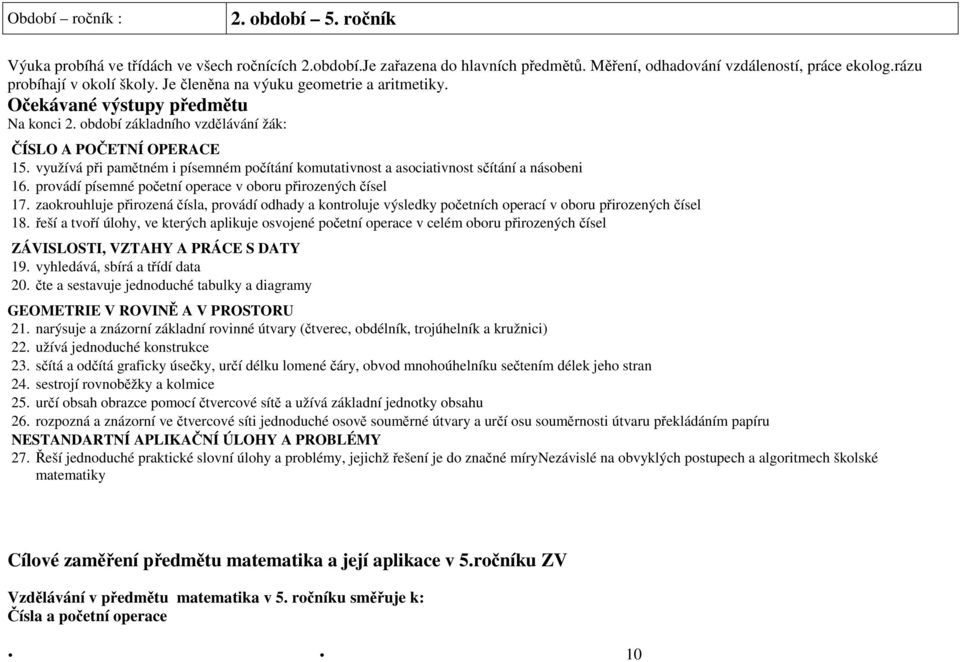 využívá při pamětném i písemném počítání komutativnost a asociativnost sčítání a násobeni 16. provádí písemné početní operace v oboru přirozených čísel 17.