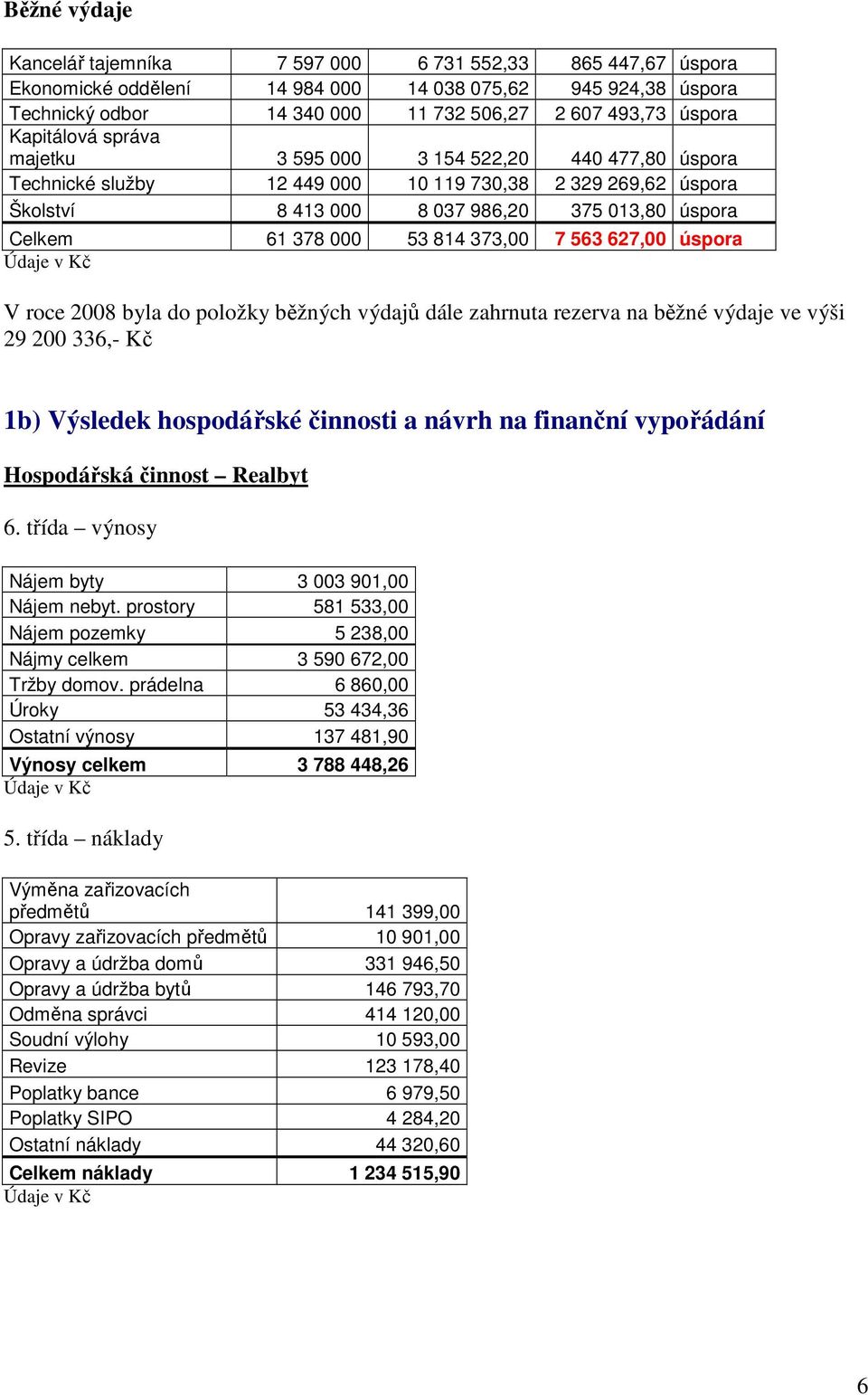 814 373,00 7 563 627,00 úspora Údaje v Kč V roce 2008 byla do položky běžných výdajů dále zahrnuta rezerva na běžné výdaje ve výši 29 200 336,- Kč 1b) Výsledek hospodářské činnosti a návrh na