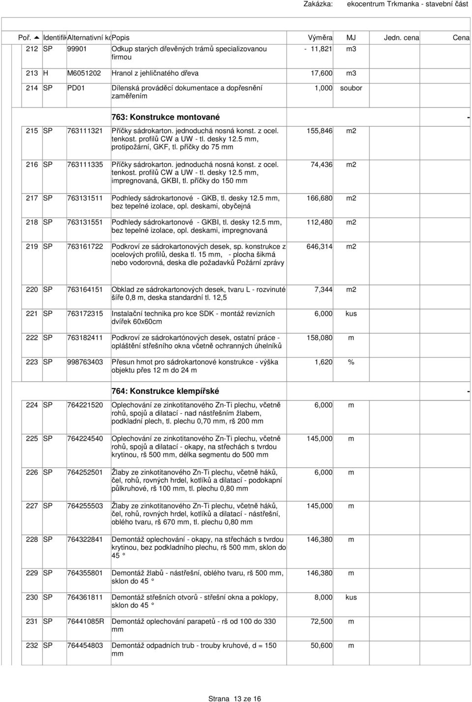 dopřesnění zaěření 763: Konsrukce onované - 215 763111321 Příčky sádrokaron. jednoduchá nosná kons. z ocel. enkos. profilů CW a UW - l. desky 12.5, proipožární, GKF, l.