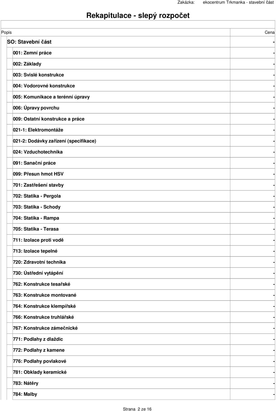 Zasřešení savby - 702: Saika - Pergola - 703: Saika - Schody - 704: Saika - Rapa - 705: Saika - Terasa - 711: Izolace proi vodě - 713: Izolace epelné - 720: Zdravoní echnika - 730: Úsřední vyápění -