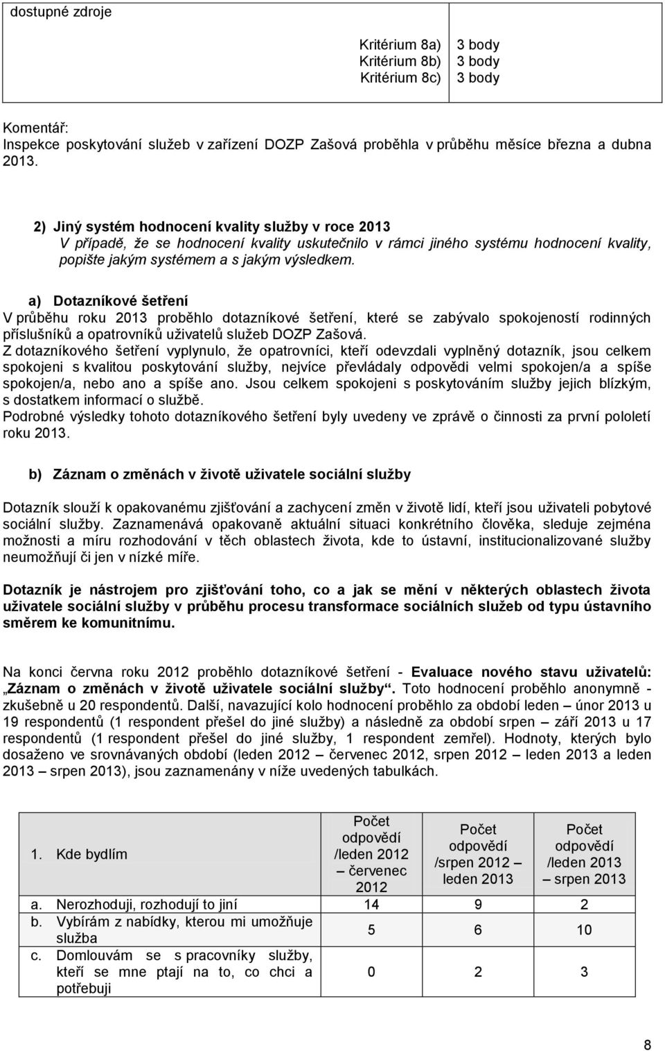 a) Dotazníkové šetření V průběhu roku proběhlo dotazníkové šetření, které se zabývalo spokojeností rodinných příslušníků a opatrovníků uživatelů služeb DOZP Zašová.