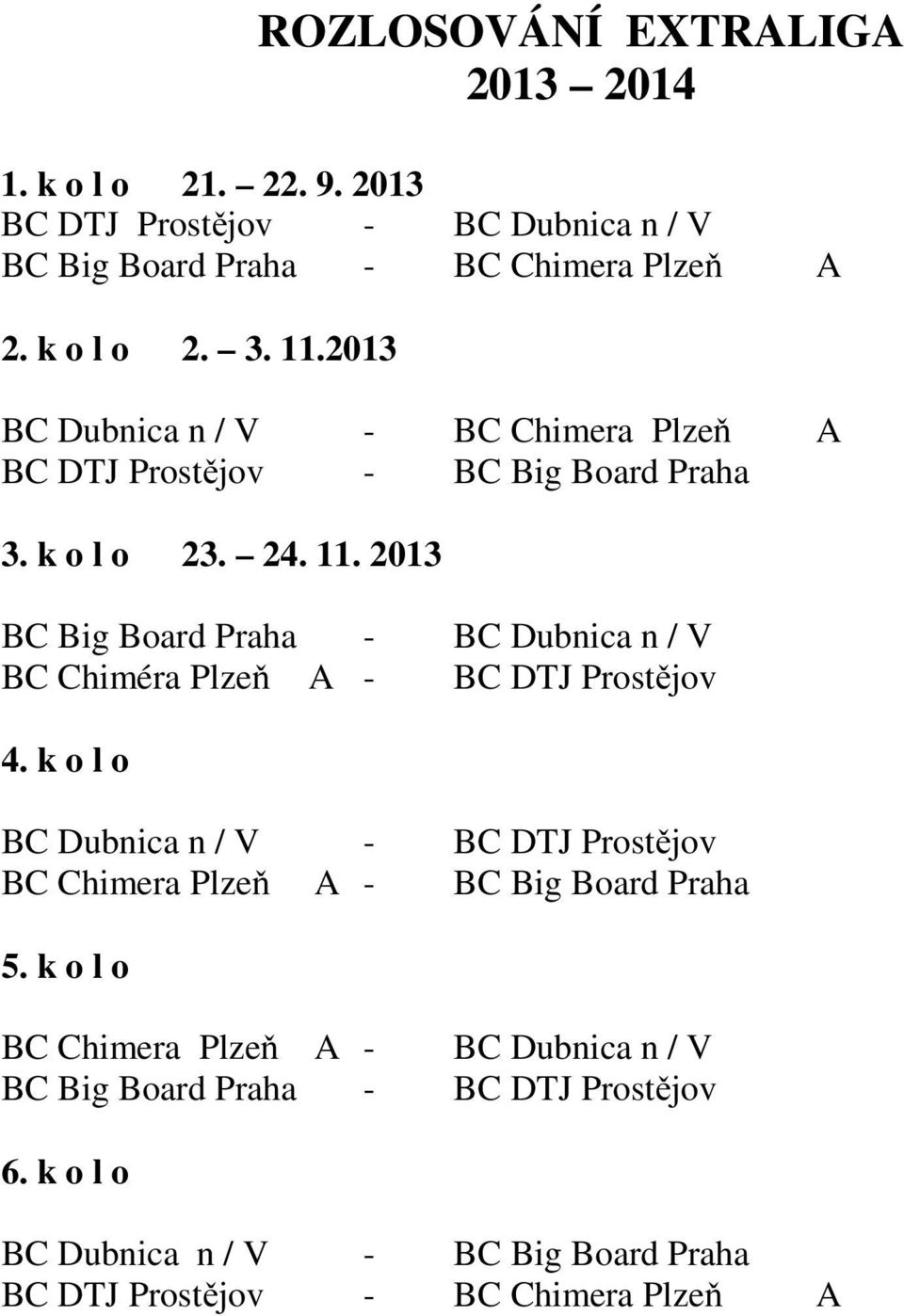 2013 BC Big Board Praha - BC Dubnica n / V BC Chiméra Plzeň A - BC DTJ Prostějov 4.