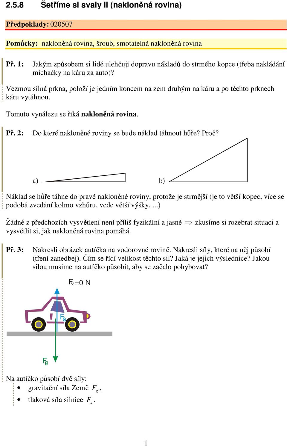 Vezmou ilná prkna, položí je jedním koncem na zem druhým na káru a po těchto prknech káru vytáhnou Tomuto vynálezu e říká nakloněná rovina Př 2: Do které nakloněné roviny e bude náklad táhnout hůře?