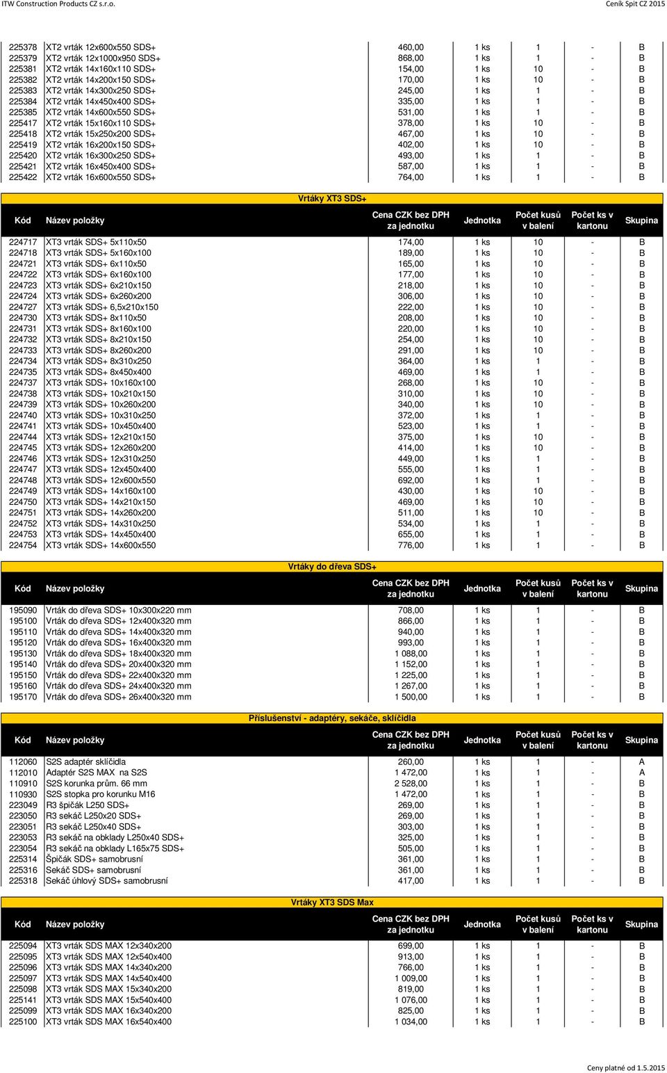 1 ks 10 - B 225418 XT2 vrták 15x250x200 SDS+ 467,00 1 ks 10 - B 225419 XT2 vrták 16x200x150 SDS+ 402,00 1 ks 10 - B 225420 XT2 vrták 16x300x250 SDS+ 493,00 1 ks 1 - B 225421 XT2 vrták 16x450x400 SDS+