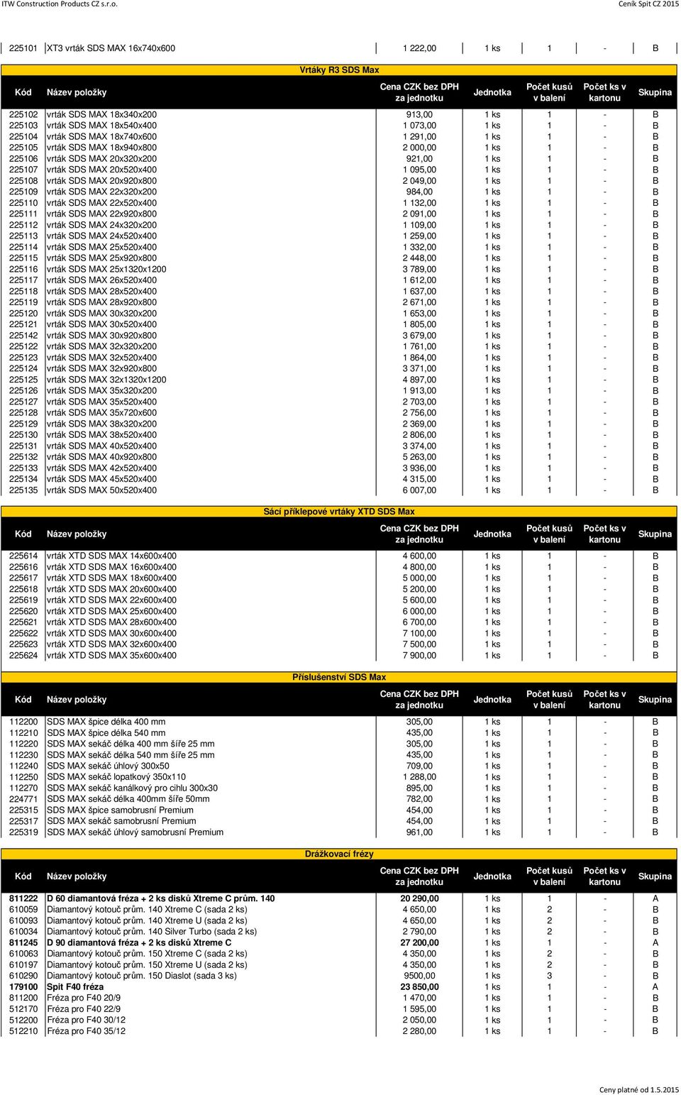 049,00 1 ks 1 - B 225109 vrták SDS MAX 22x320x200 984,00 1 ks 1 - B 225110 vrták SDS MAX 22x520x400 1 132,00 1 ks 1 - B 225111 vrták SDS MAX 22x920x800 2 091,00 1 ks 1 - B 225112 vrták SDS MAX