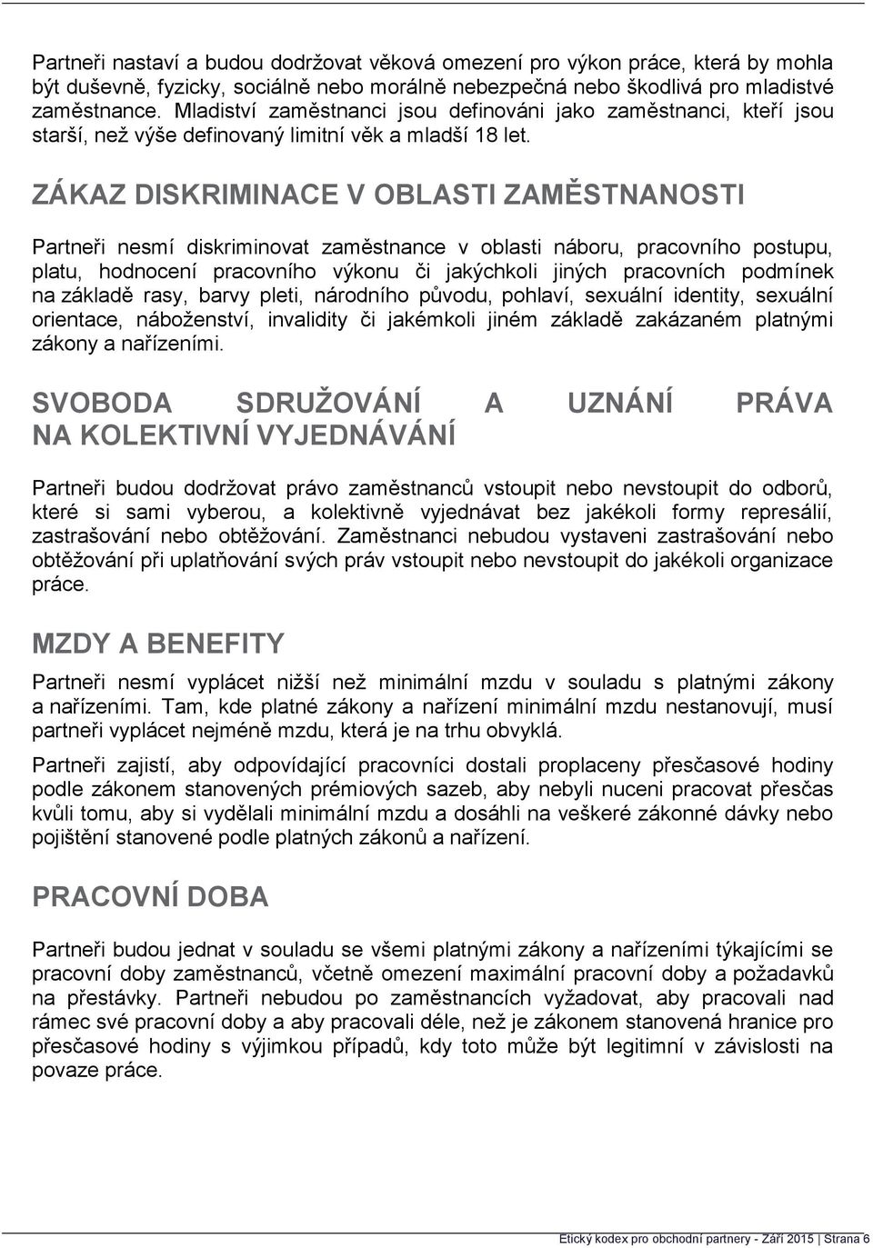 ZÁKAZ DISKRIMINACE V OBLASTI ZAMĚSTNANOSTI Partneři nesmí diskriminovat zaměstnance v oblasti náboru, pracovního postupu, platu, hodnocení pracovního výkonu či jakýchkoli jiných pracovních podmínek