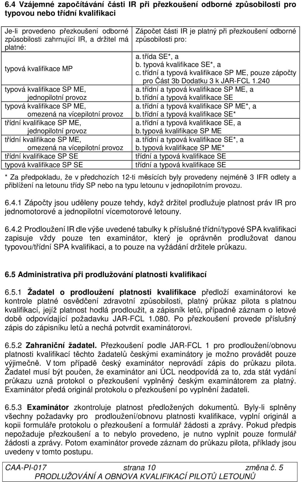 vícepilotní provoz třídní kvalifikace SP SE typová kvalifikace SP SE Zápočet části IR je platný při přezkoušení odborné způsobilosti pro: a. třída SE*, a b. typová kvalifikace SE*, a c.