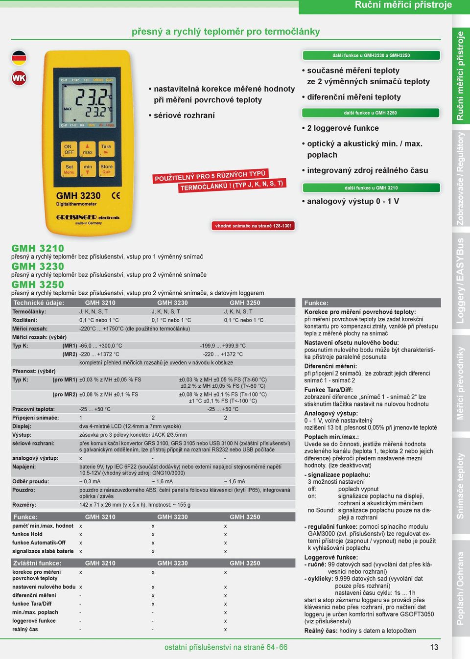 další funkce u GMH3230 a GMH3250 současné měření teploty ze 2 výměnných snímačů teploty diferenční měření teploty další funkce u GMH 3250 2 loggerové funkce optický a akustický min. / max.