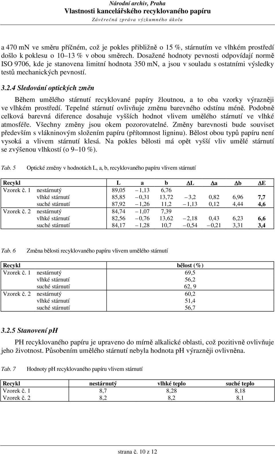 4 Sledování optických změn Během umělého stárnutí recyklované papíry žloutnou, a to oba vzorky výrazněji ve vlhkém prostředí. Tepelné stárnutí ovlivňuje změnu barevného odstínu méně.
