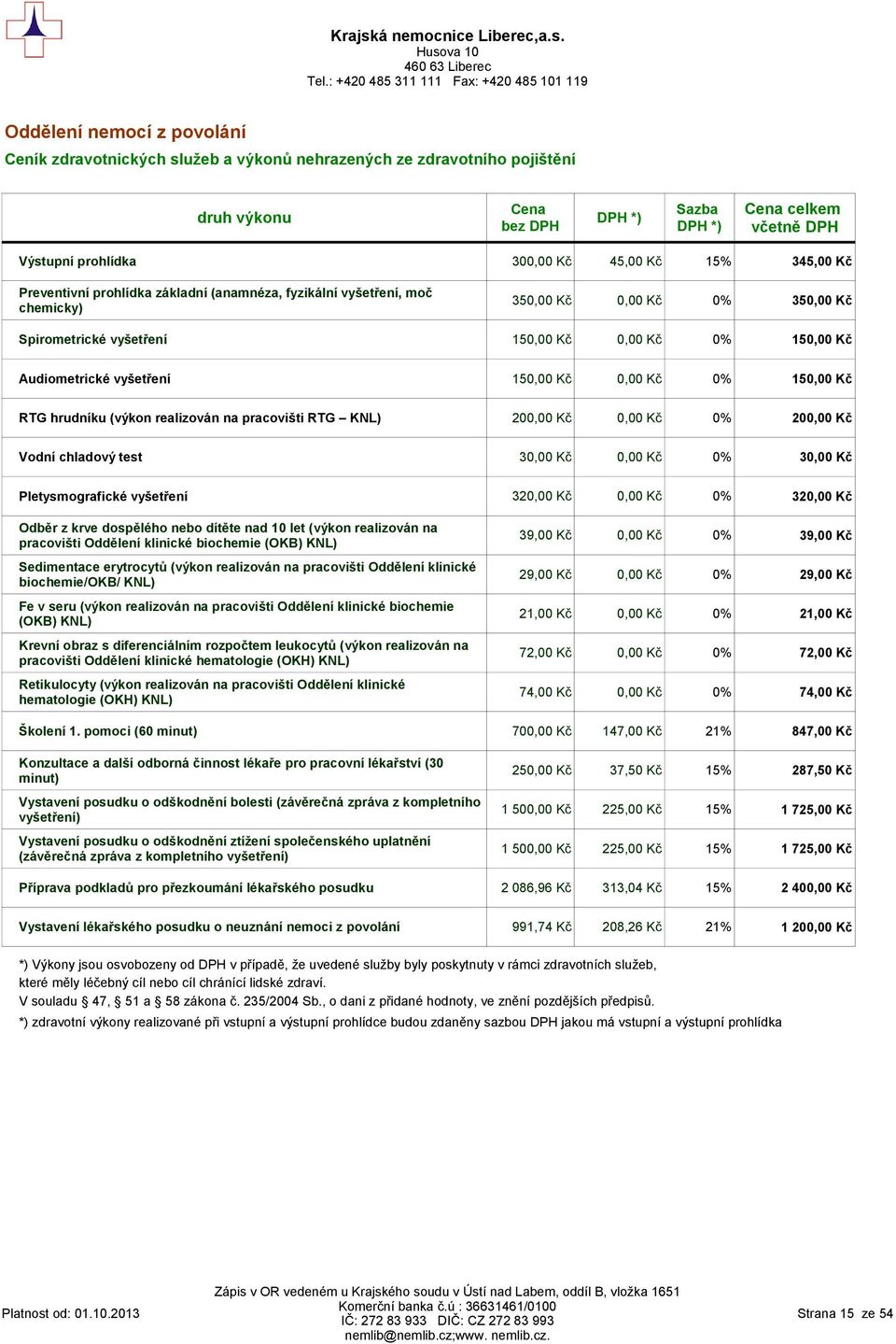 0,00 Kč 0% 150,00 Kč RTG hrudníku (výkon realizován na pracovišti RTG KNL) 200,00 Kč 0,00 Kč 0% 200,00 Kč Vodní chladový test 30,00 Kč 0,00 Kč 0% 30,00 Kč Pletysmografické vyšetření 320,00 Kč 0,00 Kč