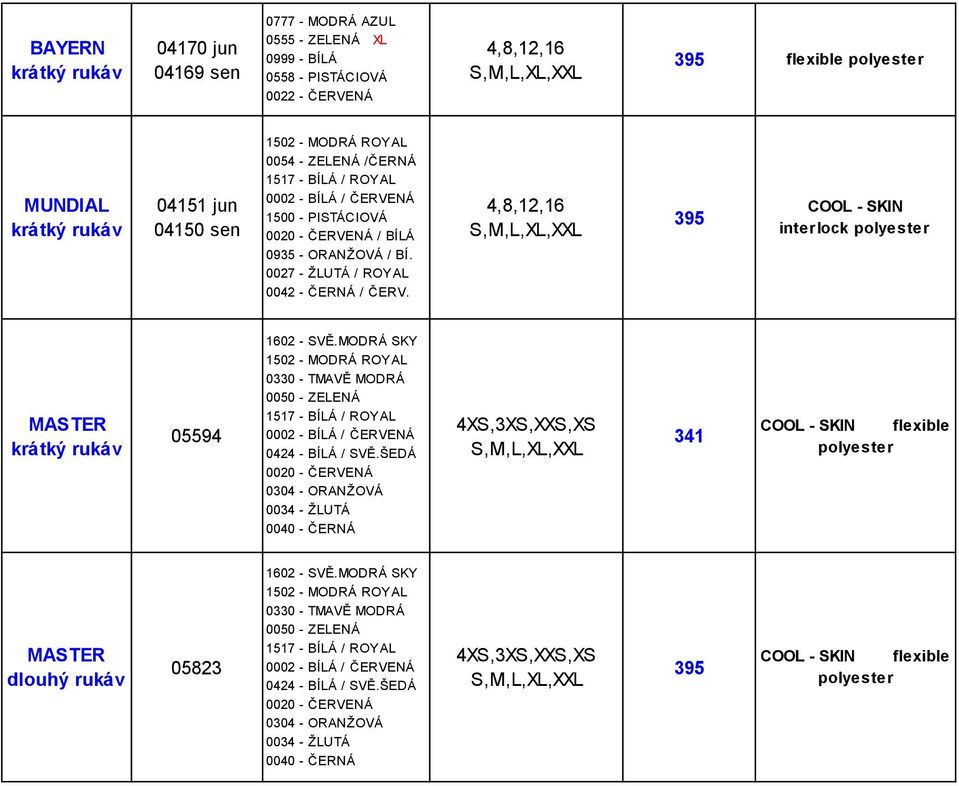 MODRÁ SKY 1502 - MODRÁ ROYAL 0330 - TMAVĚ MODRÁ 0050 - ZELENÁ 1517 - BÍLÁ / ROYAL 0002 - BÍLÁ / ČERVENÁ 0424 - BÍLÁ / SVĚ.