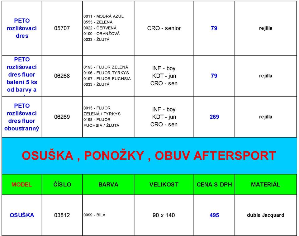 06268 0195 - FLUOR ZELENÁ 0196 - FLUOR TYRKYS 0197 - FLUOR FUCHSIA 0033 - ŽLUTÁ INF - boy KDT - jun CRO - sen 79 rejilla PETO