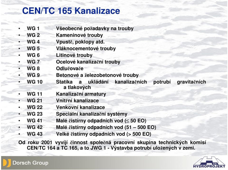 potrubí gravitačních a tlakových WG 11 Kanalizační armatury WG 21 Vnitřní kanalizace WG 22 Venkovní kanalizace WG 23 Speciální kanalizační systémy WG 41 Malé čistírny