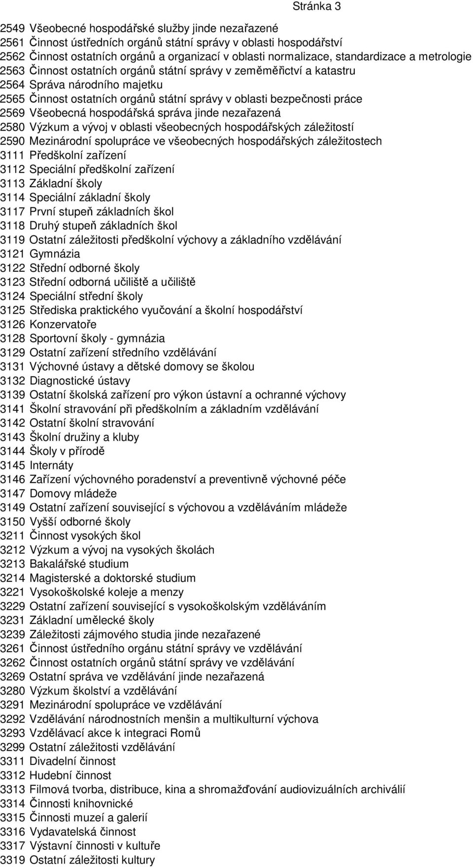 2569 Všeobecná hospodářská správa jinde nezařazená 2580 Výzkum a vývoj v oblasti všeobecných hospodářských záležitostí 2590 Mezinárodní spolupráce ve všeobecných hospodářských záležitostech 3111