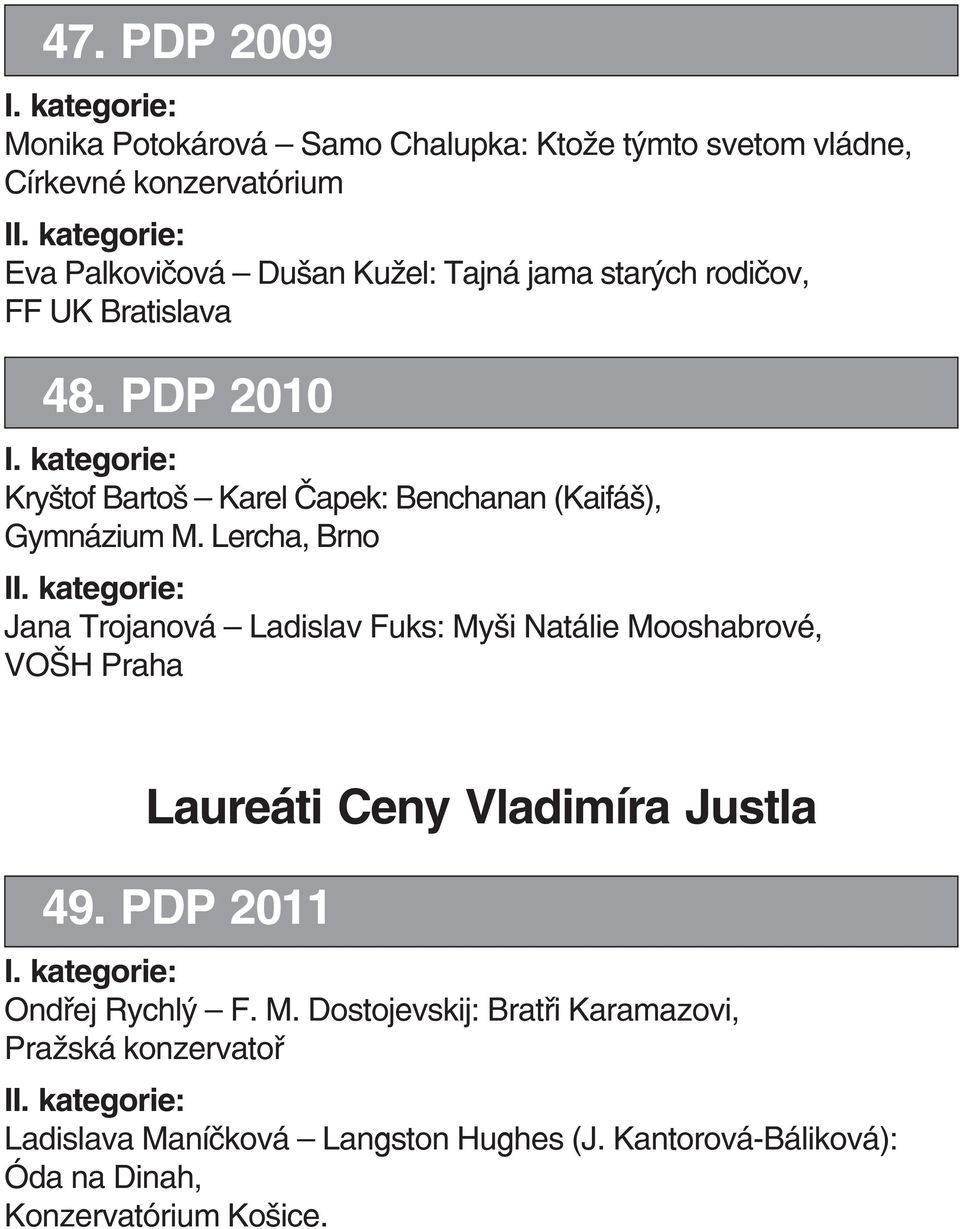 Lercha, Brno Jana Trojanová Ladislav Fuks: My i Natálie Mooshabrové, VO H Praha Laureáti Ceny Vladimíra Justla 49.