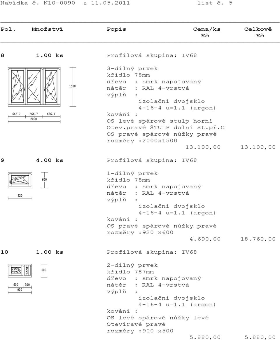 00,00 3.00,00 9 4.00 ks Profilová skupina: IV68 920 600 -dílný prvek rozměry :920 x600 4.690,00 8.760,00 0.