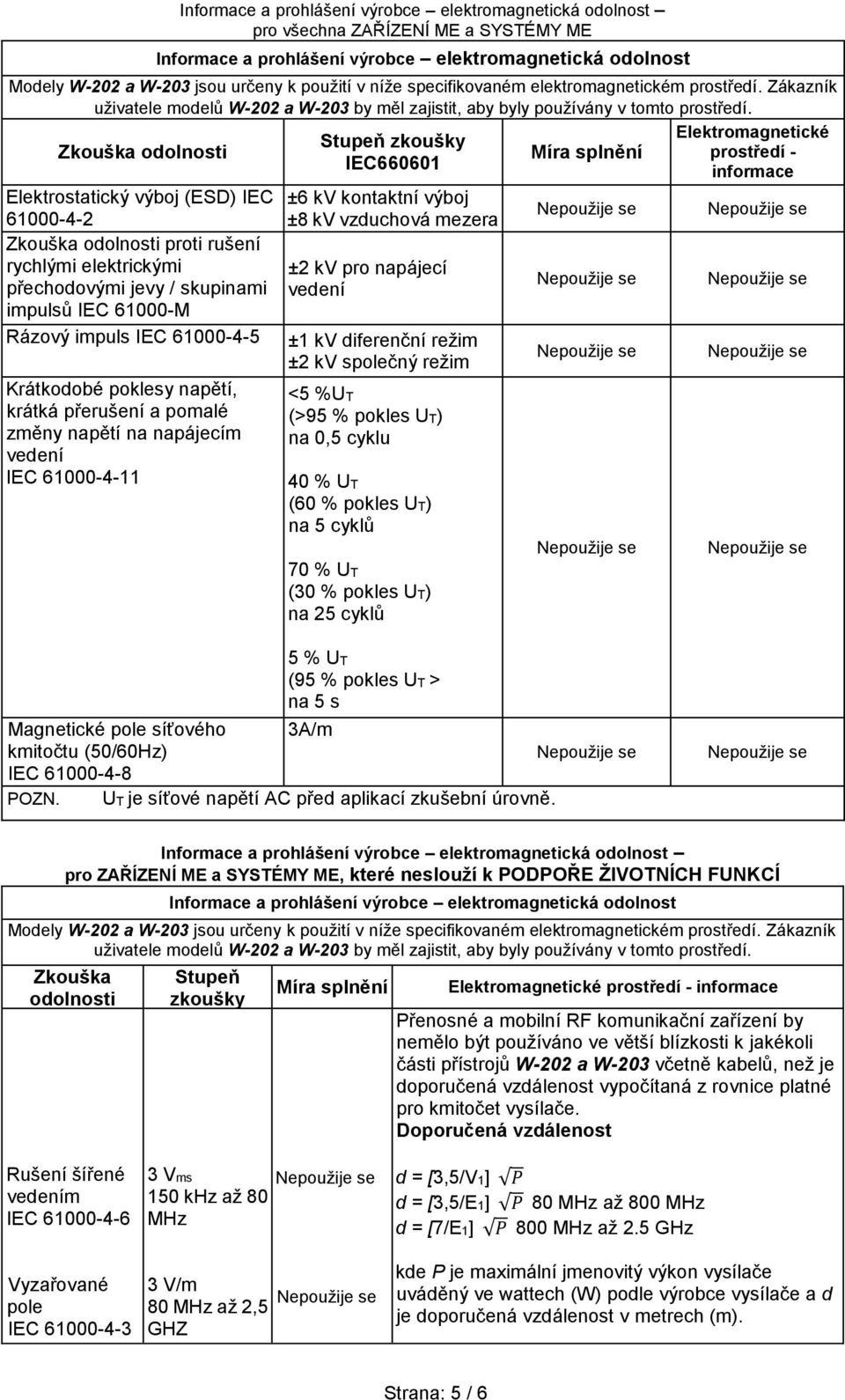Elektromagnetické Stupeň zkoušky Zkouška odolnosti Míra splnění prostředí - IEC660601 informace Elektrostatický výboj (ESD) IEC ±6 kv kontaktní výboj 61000-4-2 ±8 kv vzduchová mezera Zkouška