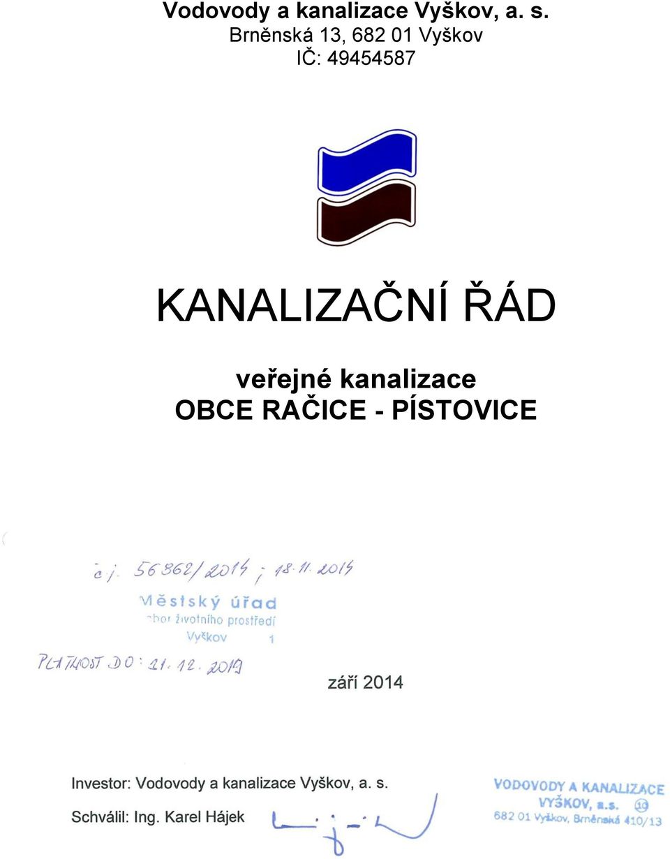 ŘÁD veřejné kanalizace OBCE RAČICE - PÍSTOVICE září