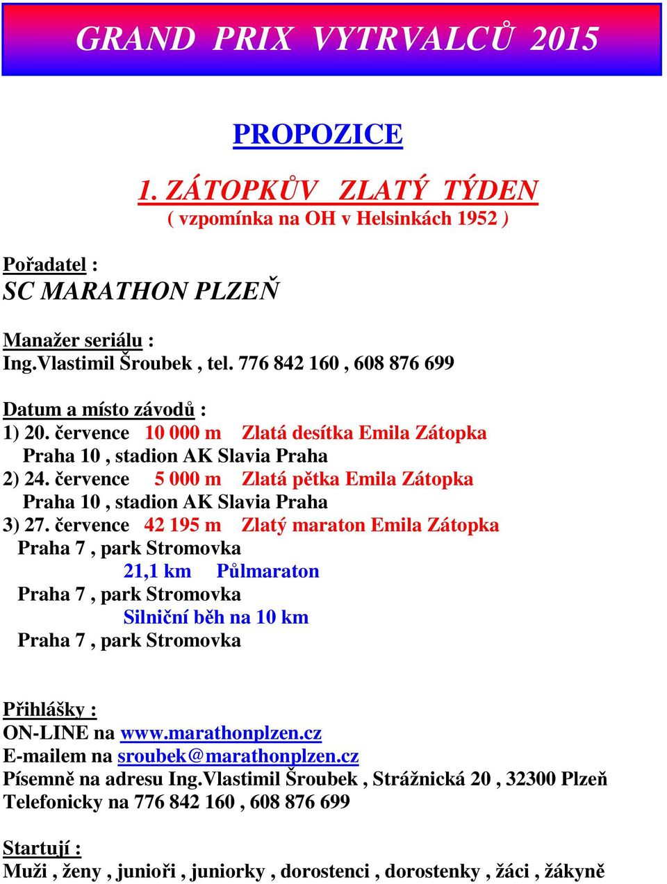 července 5 000 m Zlatá pětka Emila Zátopka Praha 10, stadion AK Slavia Praha 3) 27.