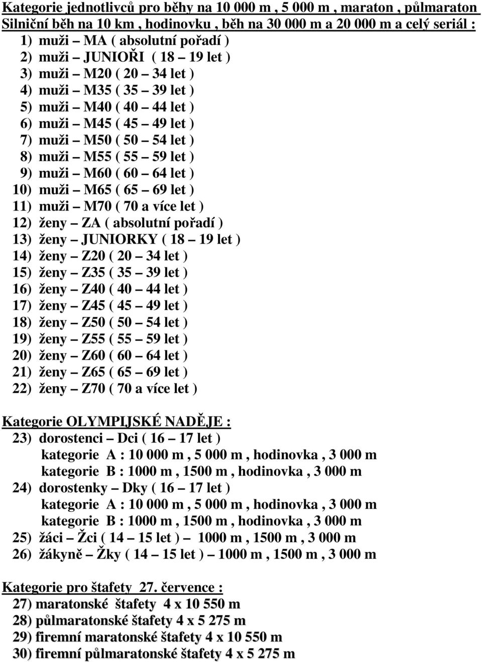 muži M65 ( 65 69 let ) 11) muži M70 ( 70 a více let ) 12) ženy ZA ( absolutní pořadí ) 13) ženy JUNIORKY ( 18 19 let ) 14) ženy Z20 ( 20 34 let ) 15) ženy Z35 ( 35 39 let ) 16) ženy Z40 ( 40 44 let )