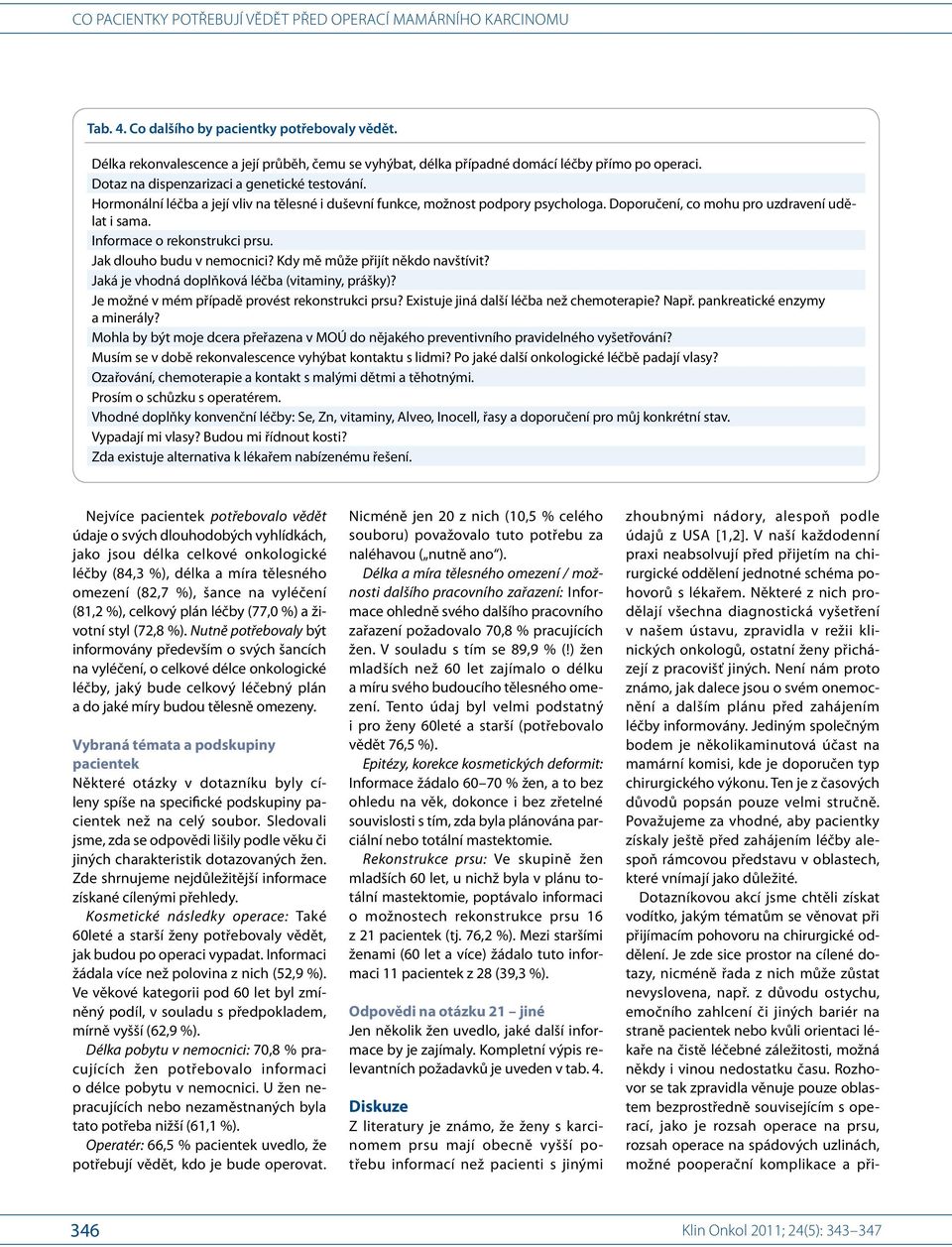 Kdy mě může přijít někdo navštívit? Jaká je vhodná doplňková léčba (vitaminy, prášky)? Je možné v mém případě provést rekonstrukci prsu? Existuje jiná další léčba než chemoterapie? Např.