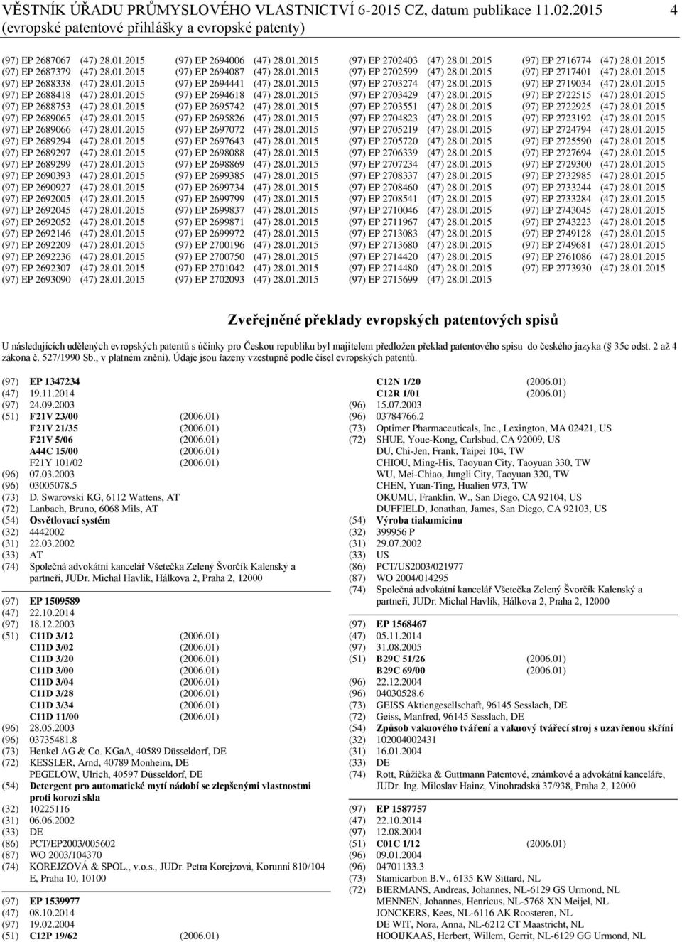 01.2015 (97) EP 2690393 (47) 28.01.2015 (97) EP 2690927 (47) 28.01.2015 (97) EP 2692005 (47) 28.01.2015 (97) EP 2692045 (47) 28.01.2015 (97) EP 2692052 (47) 28.01.2015 (97) EP 2692146 (47) 28.01.2015 (97) EP 2692209 (47) 28.