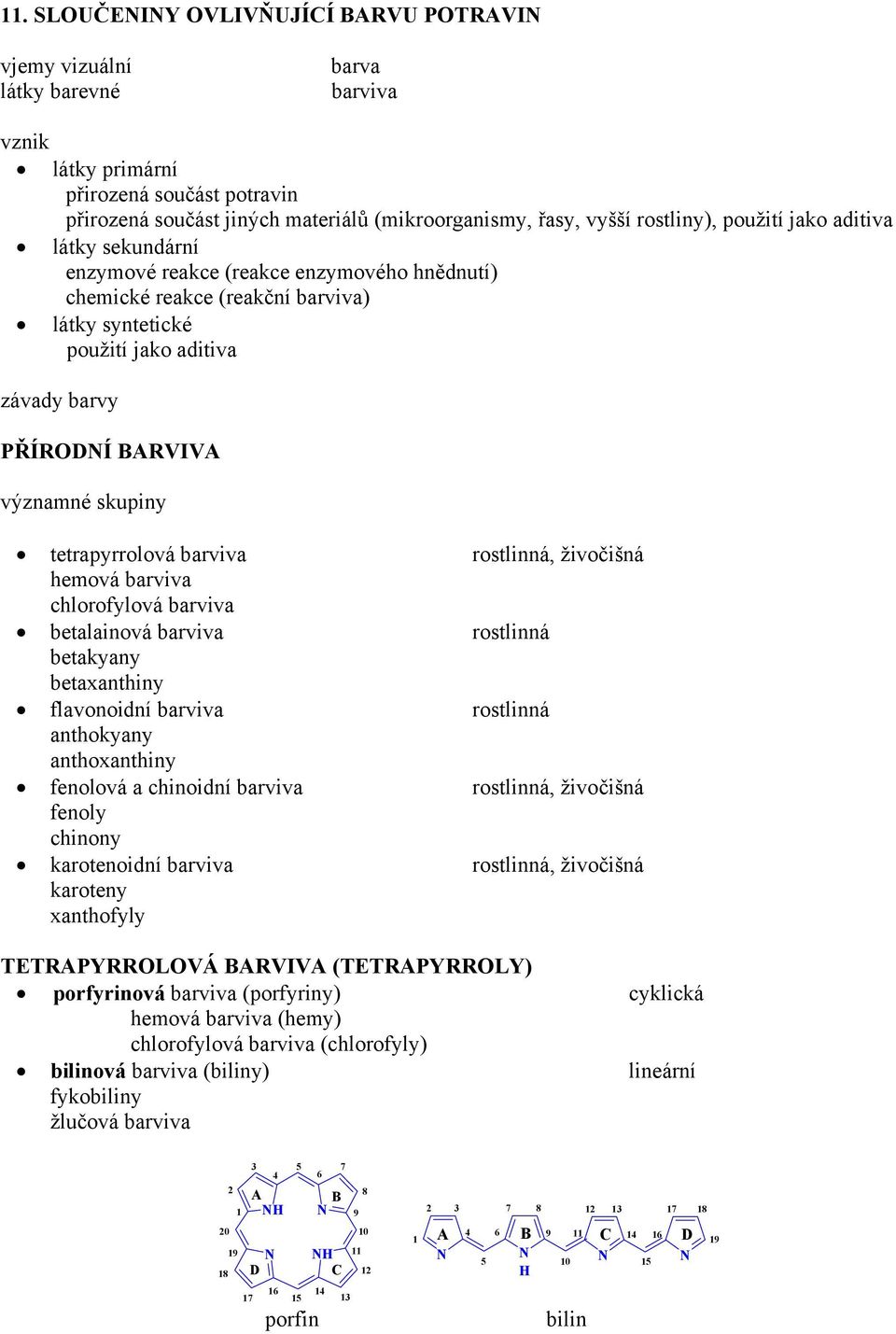 tetrapyrrolová barviva rostlinná, živočišná hemová barviva chlorofylová barviva betalainová barviva rostlinná betakyany betaxanthiny flavonoidní barviva rostlinná anthokyany anthoxanthiny fenolová a