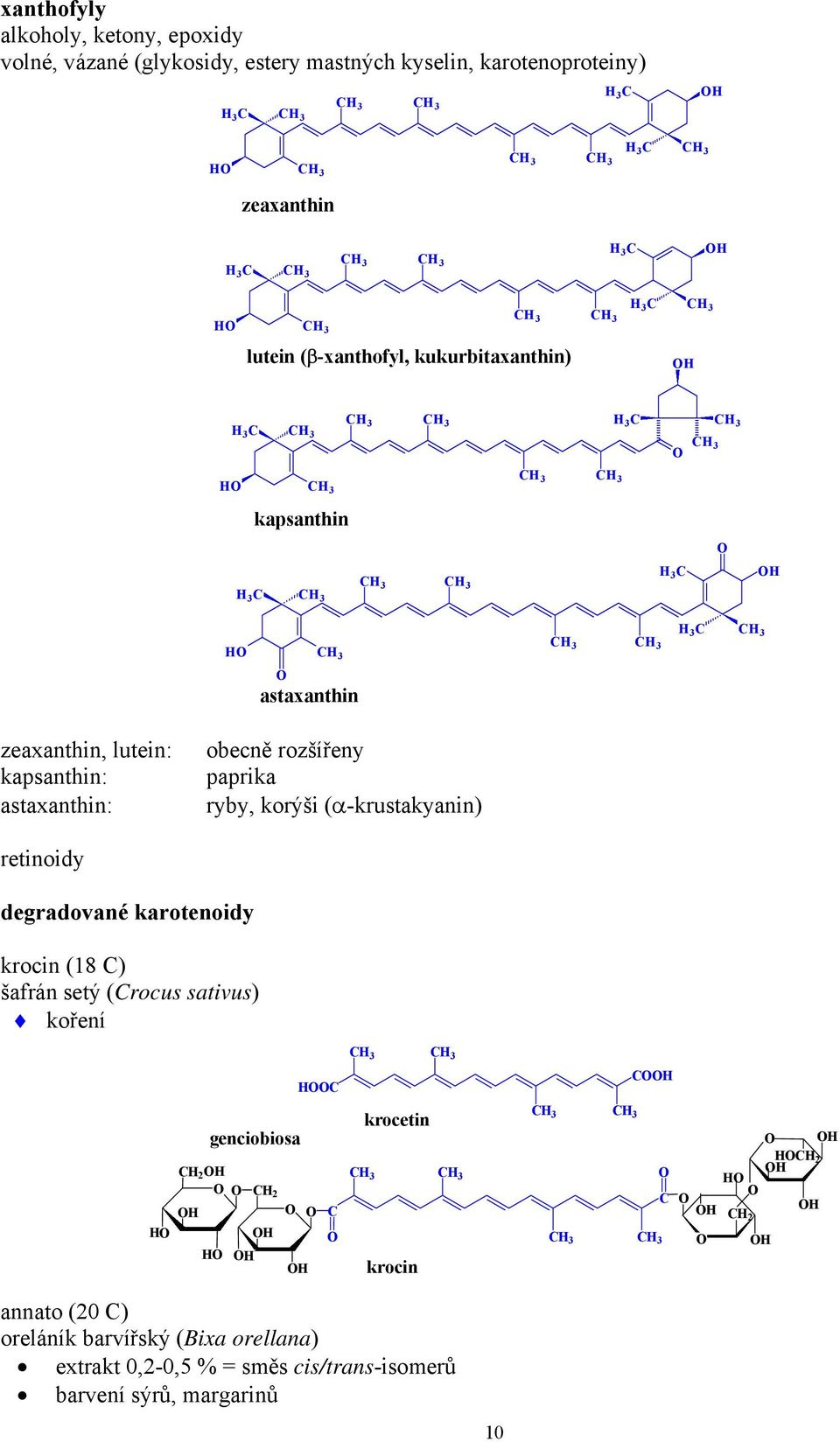 korýši (α-krustakyanin) retinoidy degradované karotenoidy krocin (8 C) šafrán setý (Crocus sativus) koření C C genciobiosa C C C